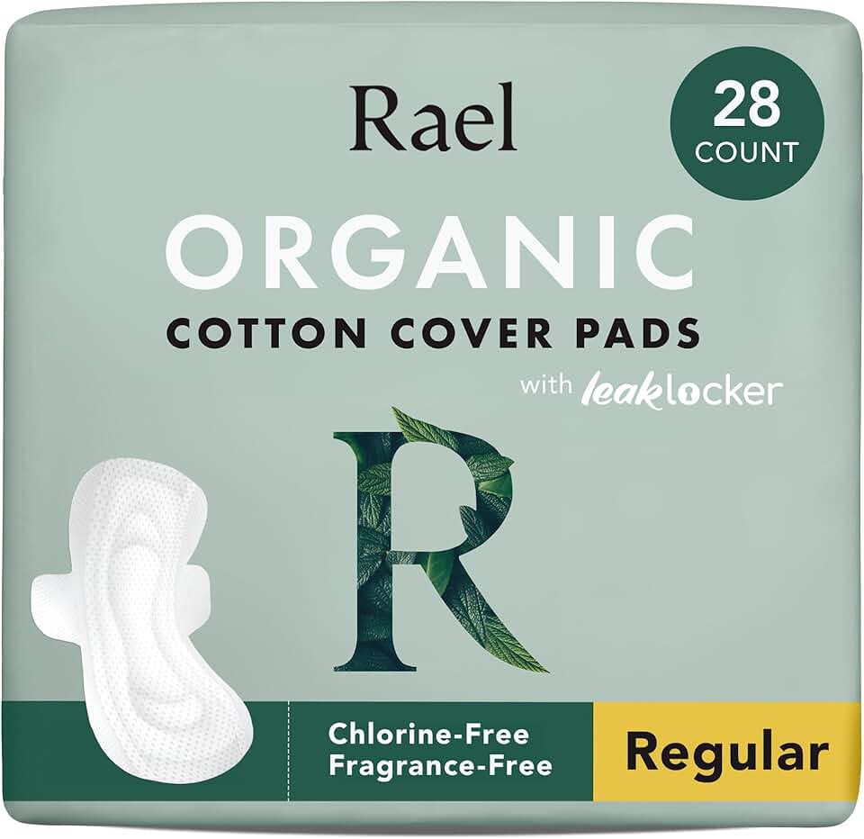Rael Organic Cotton Cover Pads - Regular Absorbency, Unscented, Ultra Thin Pads with Wings for Women (Regular, 28 Count) Organic Content Standard Blended