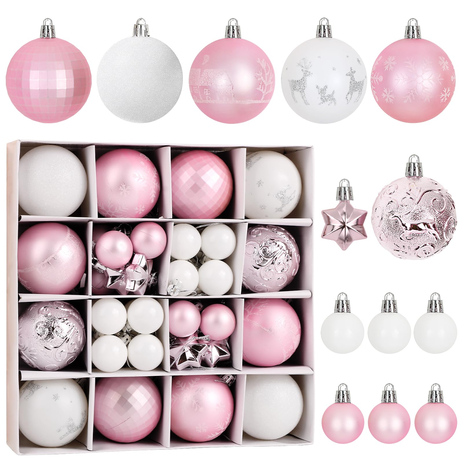 BOFUNX 44pcs Bolas de Navidad Rosa para Arbol de Navidad Bolas Navideñas Rosada y Blanco Colgantes de Plástico Adornos navideños Decoración para Árbol de Navidad Fiestas Cumpleaños