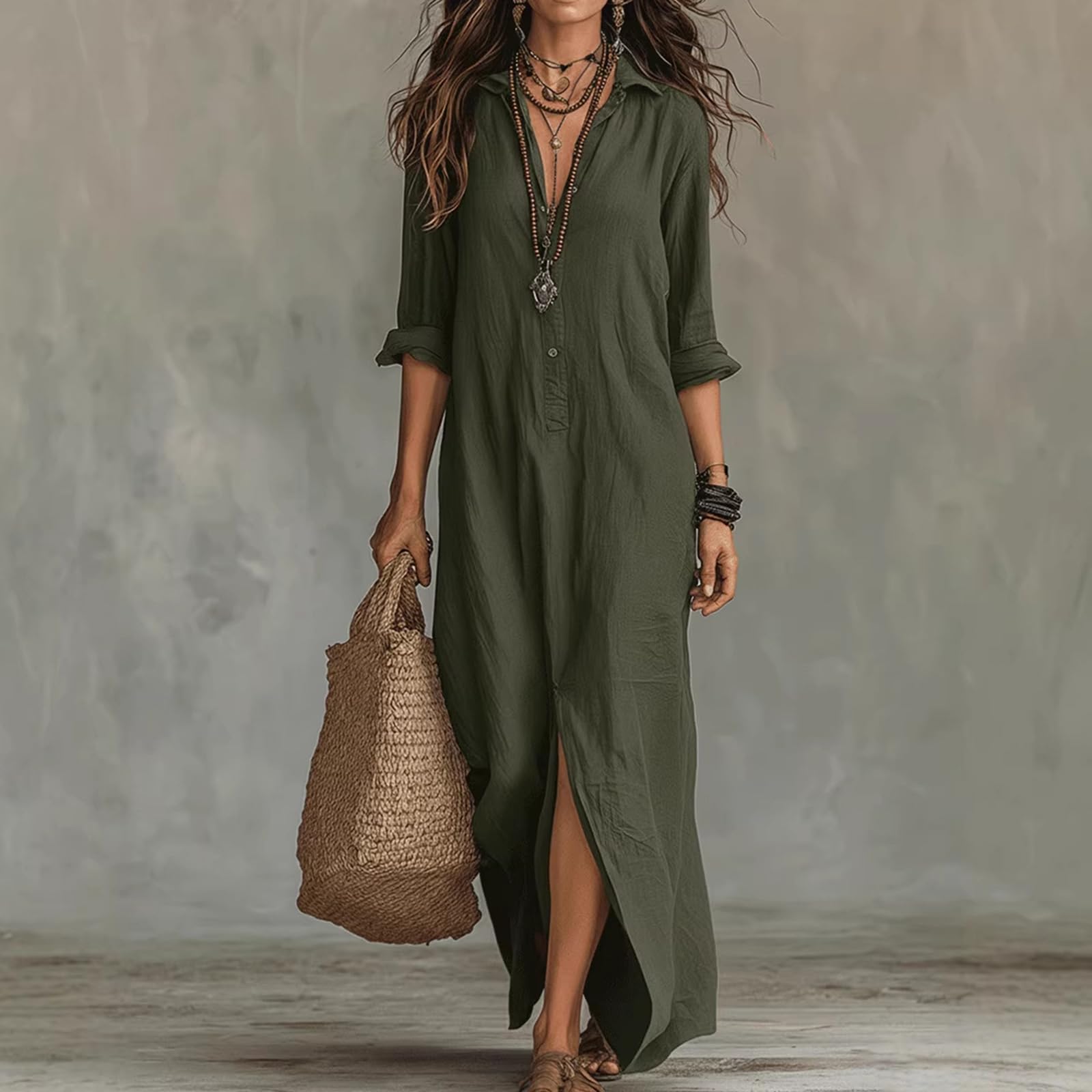 Ansenesna Blusenkleid Damen Langarm Elegant Sommerkleid Damen Lang Leicht Tunika Kleid Sommer Maxikleider mit Ärmel Strand Frühlingskleid Frauen V Ausschnitt Casual Hemdblusenkleid mit Schlitz