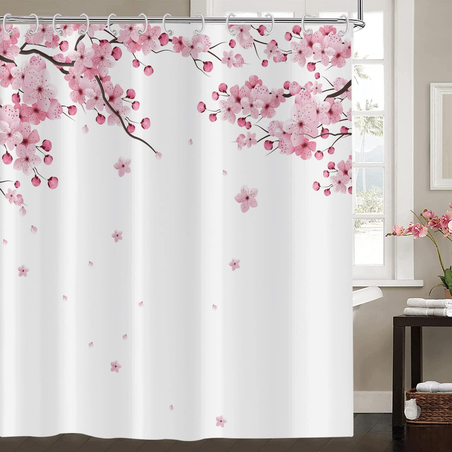 Hnmdmyi Cherry Blossom Shower Curtain 180x220, Pink Floral Shower Curtains Japanese Asian Style Sakura Art Bathroom Curtains with Hooks Waterproof Polyester Fabric Washable Bath Curtains for Wet Room