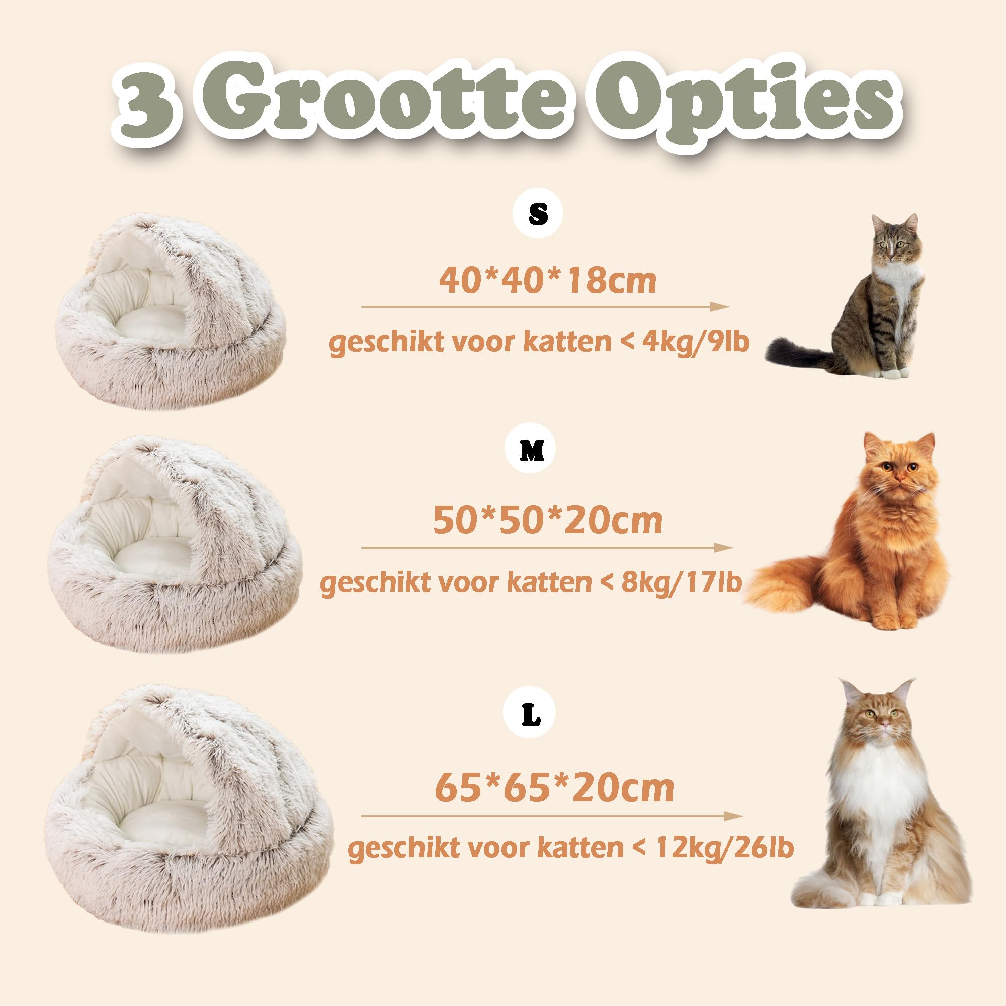 SUOXU Grotbed voor huiskatten, wasbaar, pluizig pluche bed tegen angst, zachte, zelfverwarmende slaapzak, geschikt voor kittens en kleine huisdieren onder de 7 kg