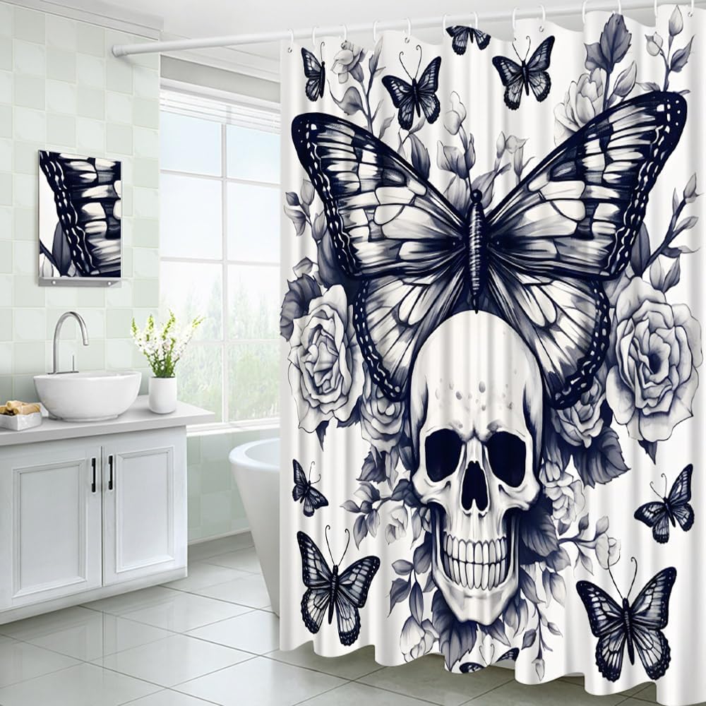 Skull Floral Shower Curtain Gothic Witchy Flower Butterfly Grey Black Spooky Halloween Fabric Bathroom Decor Curtains Set with Hooks, 70"x78"