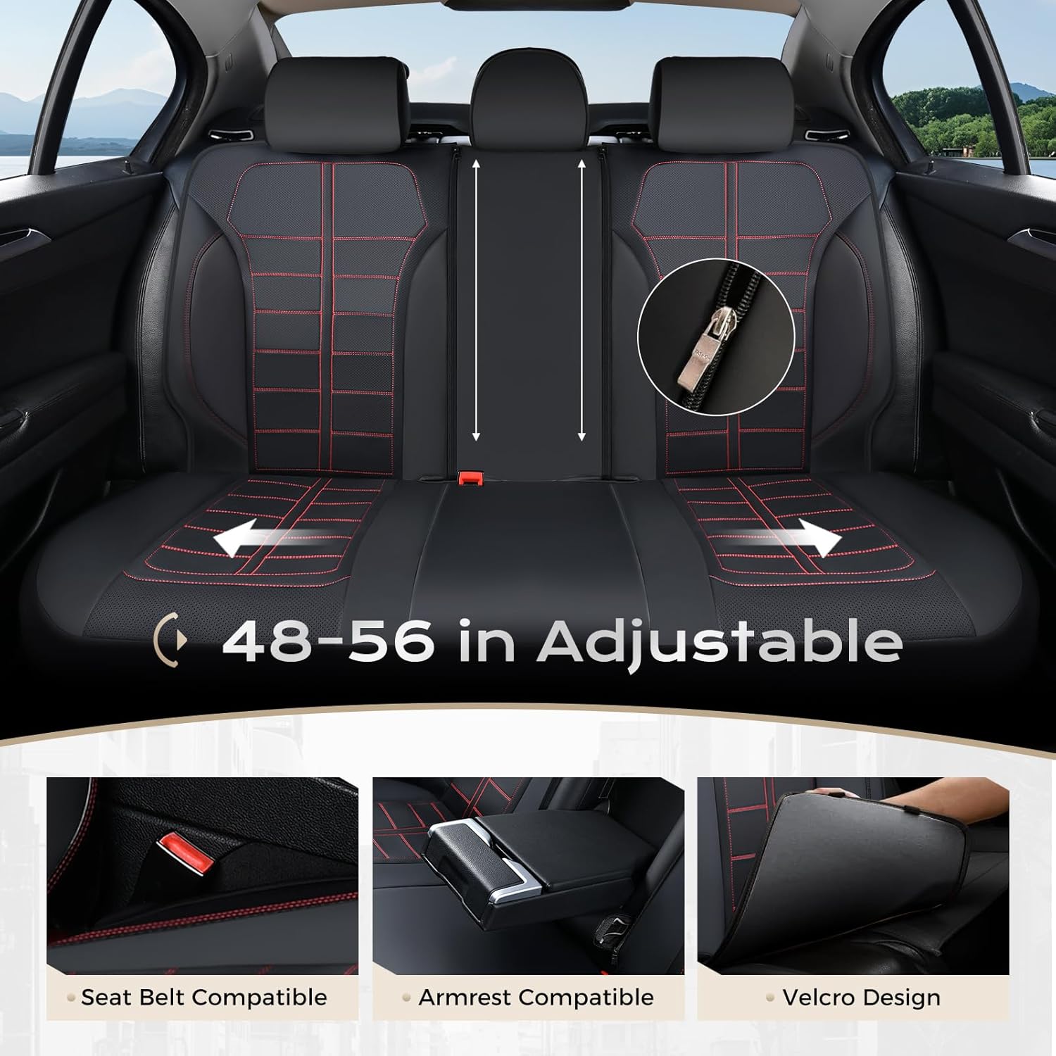 Coverado Full Set Leather Car Seat Covers, Crafted with Full Leather Construction and Carbon Fibre Weave Universal Fit for Most Cars SUV Trucks(Redline