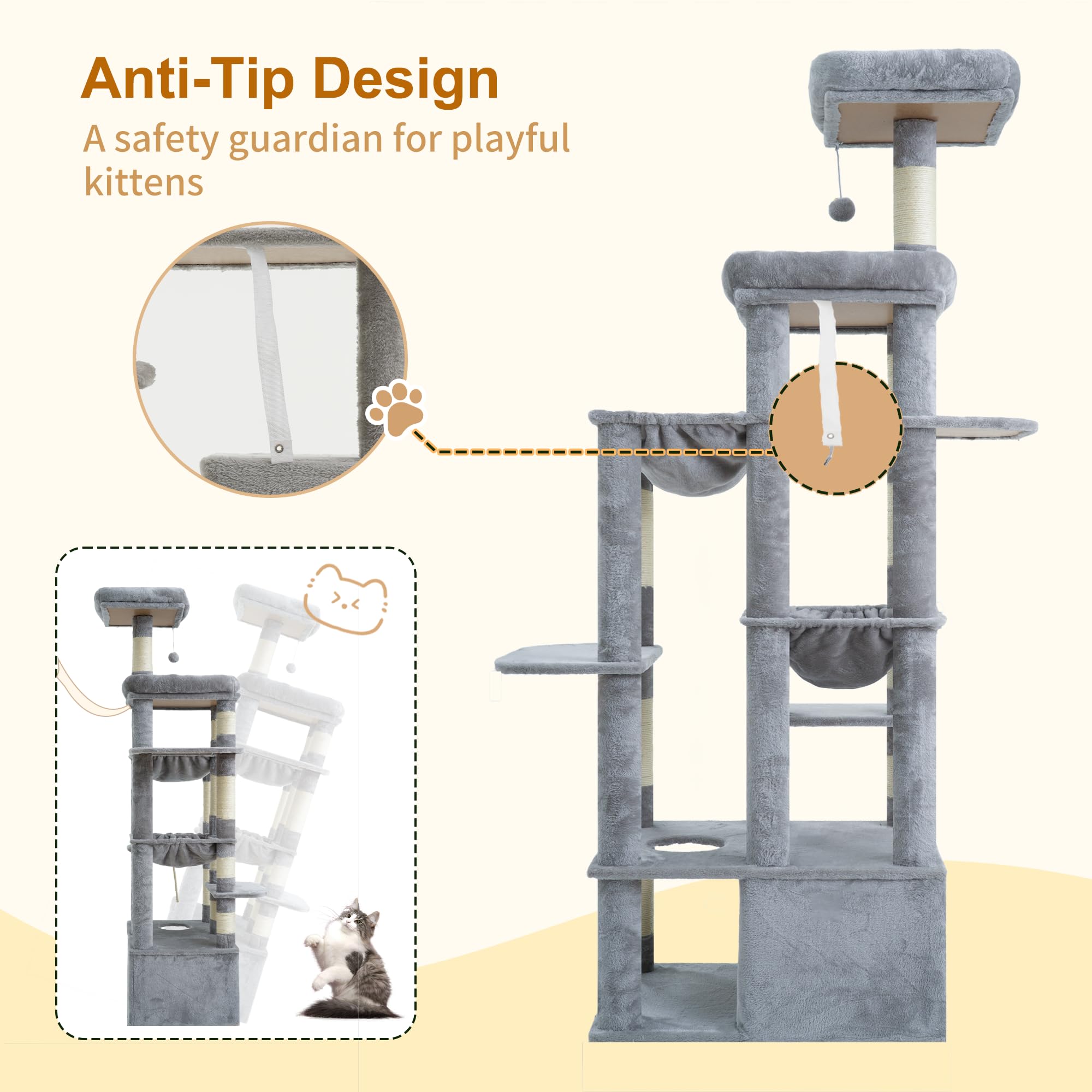 Heybly Árbol para Gatos, 180 Cm con Rascador para Gatos, Base Extra Estable, Plataforma XL, Casa Grande, 2 Hamacas, Ideal para Razas Grandes, Gris Claro HCT037W