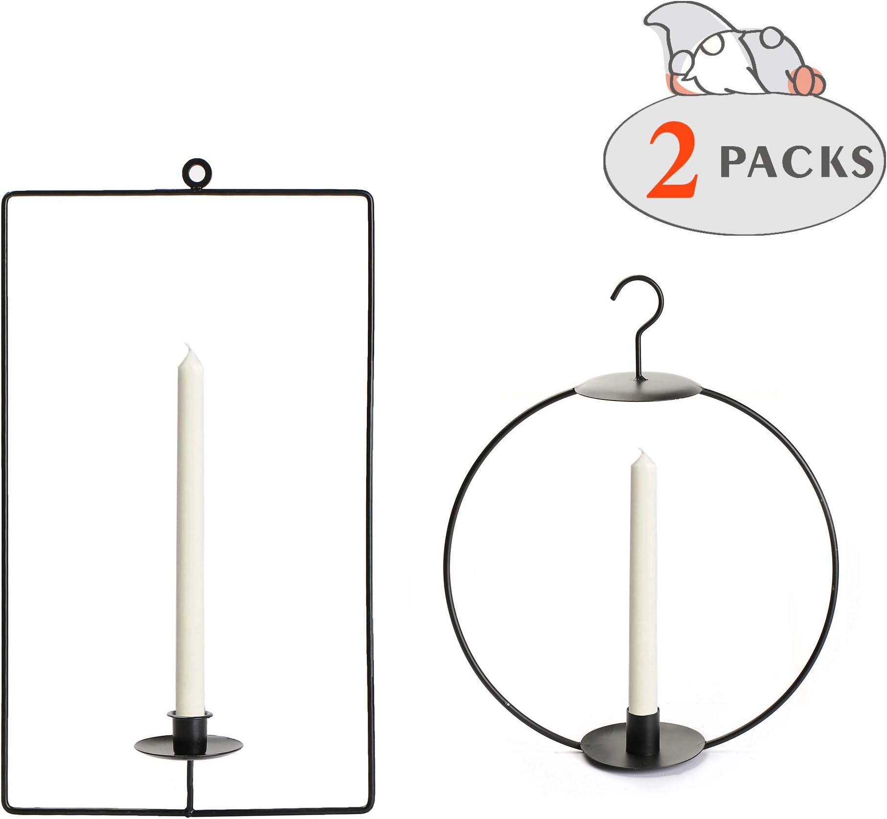 ITOMTE Swedish Scandinavian Design, Black Iron Hanging Candle Holder, Geometric Circle/Rectangle Candelabra Candlestick, Home Decor, Winter Wall Ornament, Christmas Decorations, 2 Packs