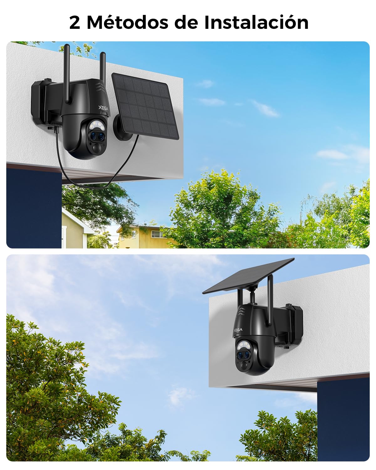 Xega Cámara Vigilancia WiFi Exterior Doble Lentes, 2K Cámara Exterior Solar con【Zoom Híbrido 12X】 AI Detección Humana, Visión Nocturna Color, Audio Bidireccional, 2,4GHz WiFi, 0,2s Alarma, IP66 | 2K Cámara Exterior Solar con AI Detección Humana, Visión No