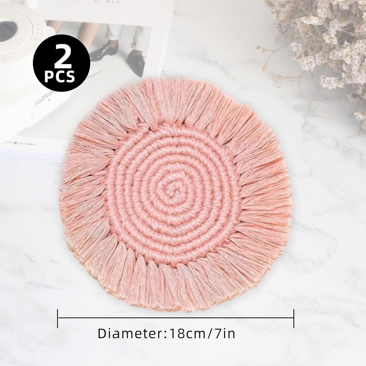 2 PCS Handmade Boho Coasters,100% Cotton Woven Macrame Absorbent Coasters for Drinks,Heat Resistant Office Cotton Coasters for Coffee Table,Desk Kitchen Dining Room Kitchen,Housewarming Gift (Pink) - Image 2
