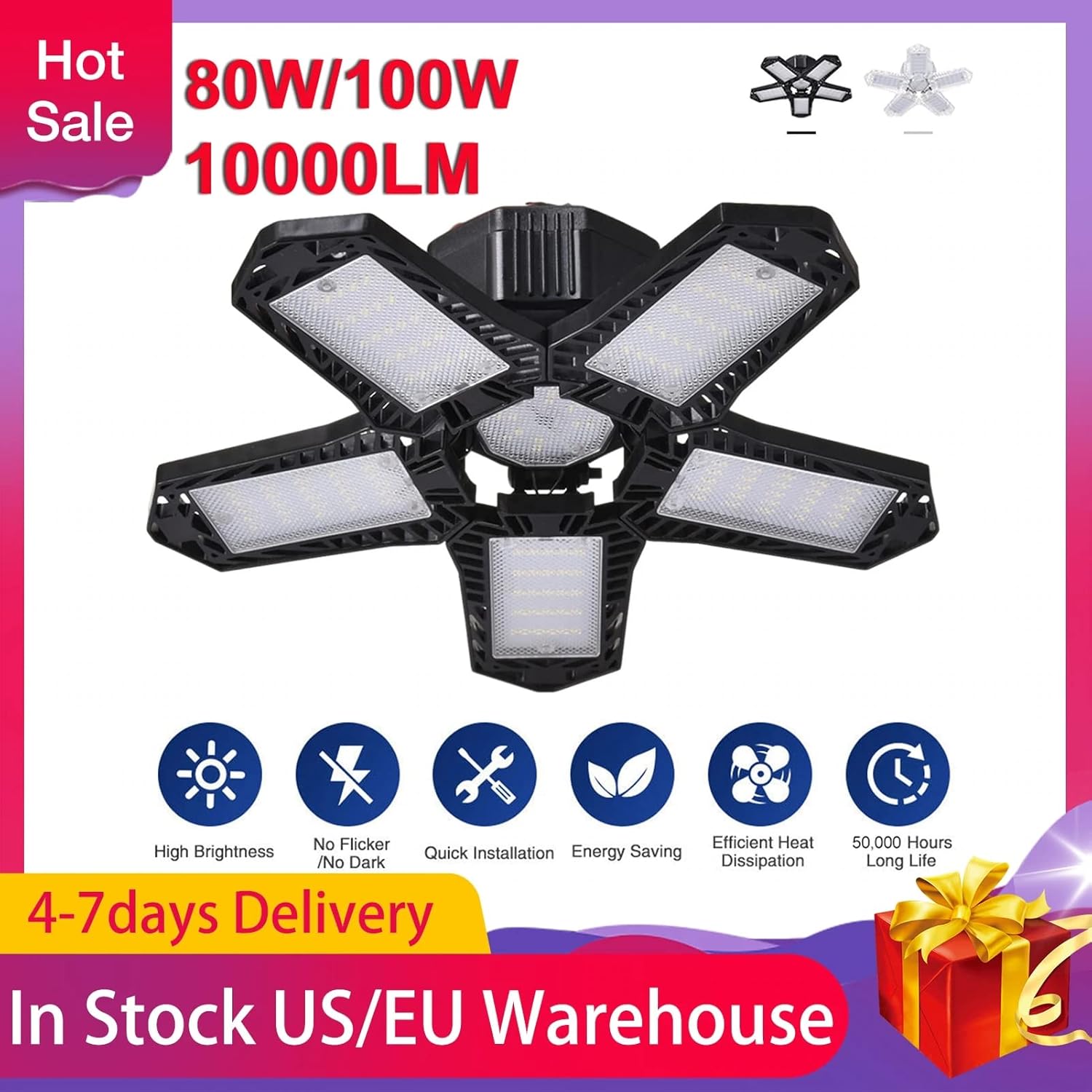 Garage Light Deformable Foldable Garage Ceiling Lamp Large Light-Emitting Surface for Garage Warehouse Parking Lot White 100W