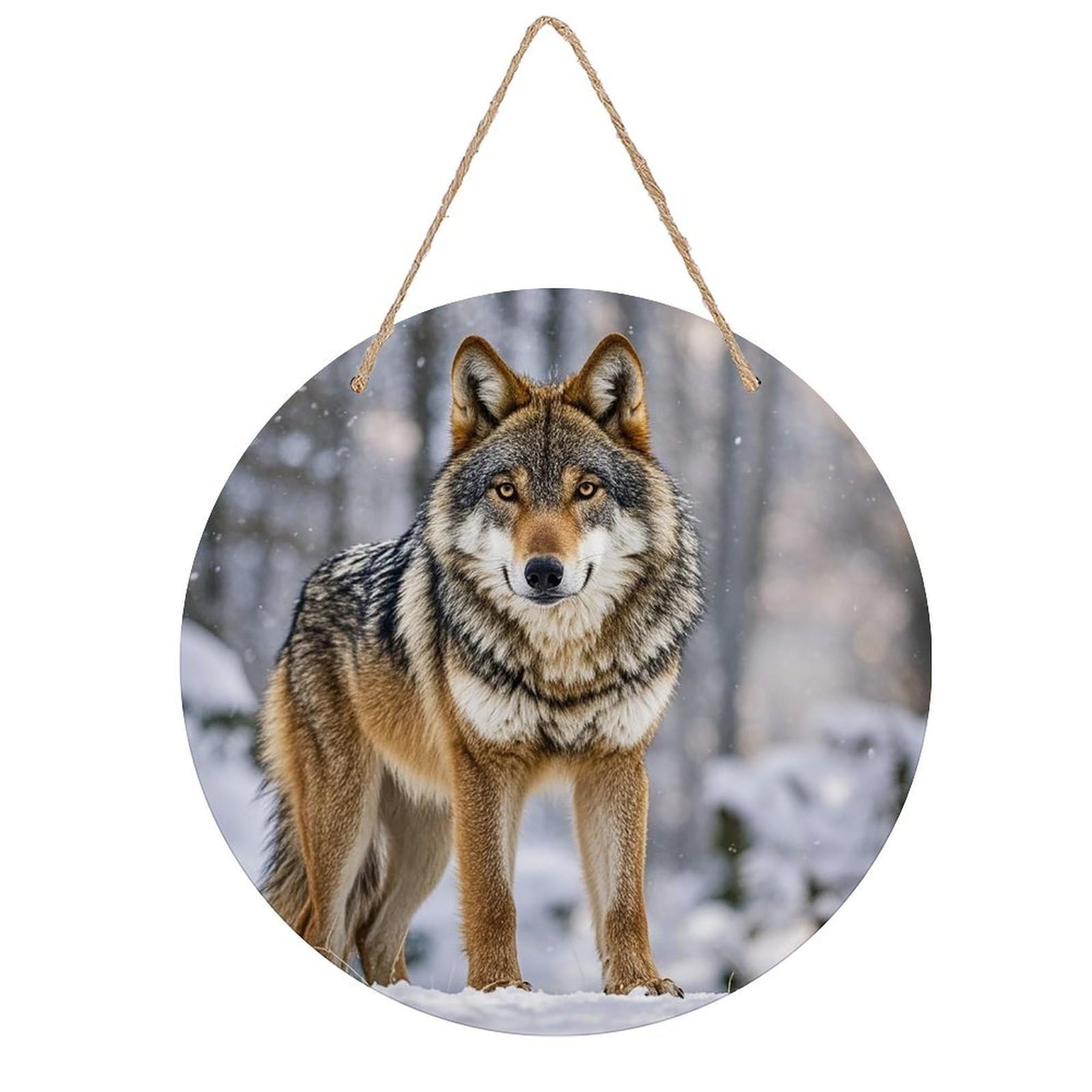 LZQPOEAS Wolf Wall Art Decor Round Wood Hanging Sign Rustic Vintage Wooden Door Hanger with Ropes Decorative Plaque Welcome Sign for Home Indoor Outdoor, 7.9x7.9 in
