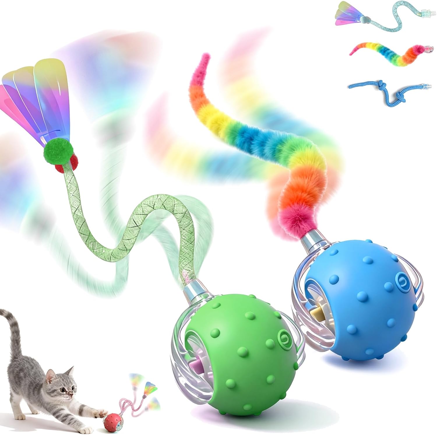 Interactive Cat Toys for Indoor Cats,3-Tails,Automatic Moving Kitten Toys | 2 Pack Cat Toys for Bored Indoor Adult Cats,Smart Rechargeable Cat Enrichment Toys for Cats to Keep Them Busy, Cat Balls