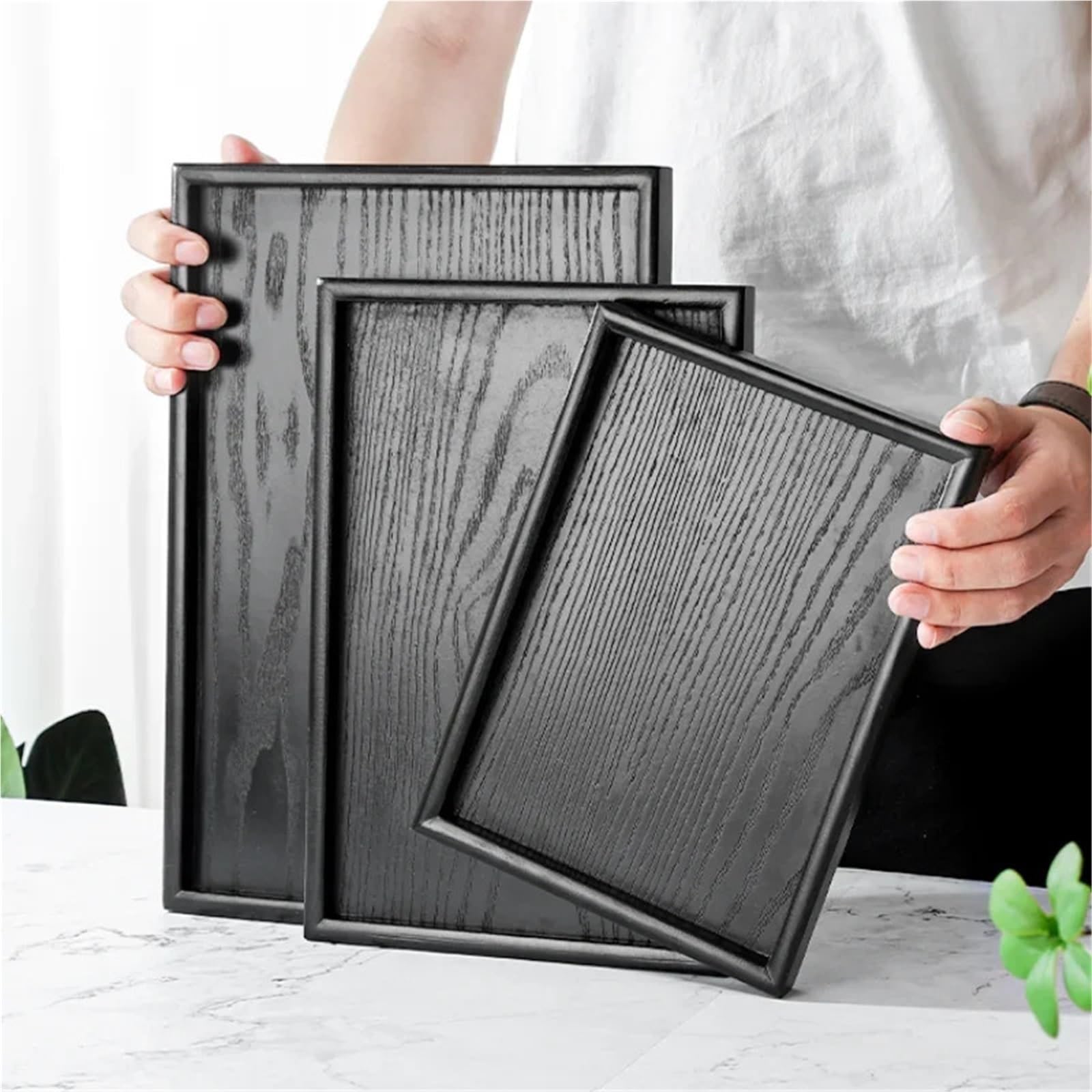 Bandeja para Servir té de Madera Maciza Negra, Bandeja para Servir postres y té de la Tarde, Bandeja Retro para Juego de té (Redonda, 27 x 27 x 2 cm)