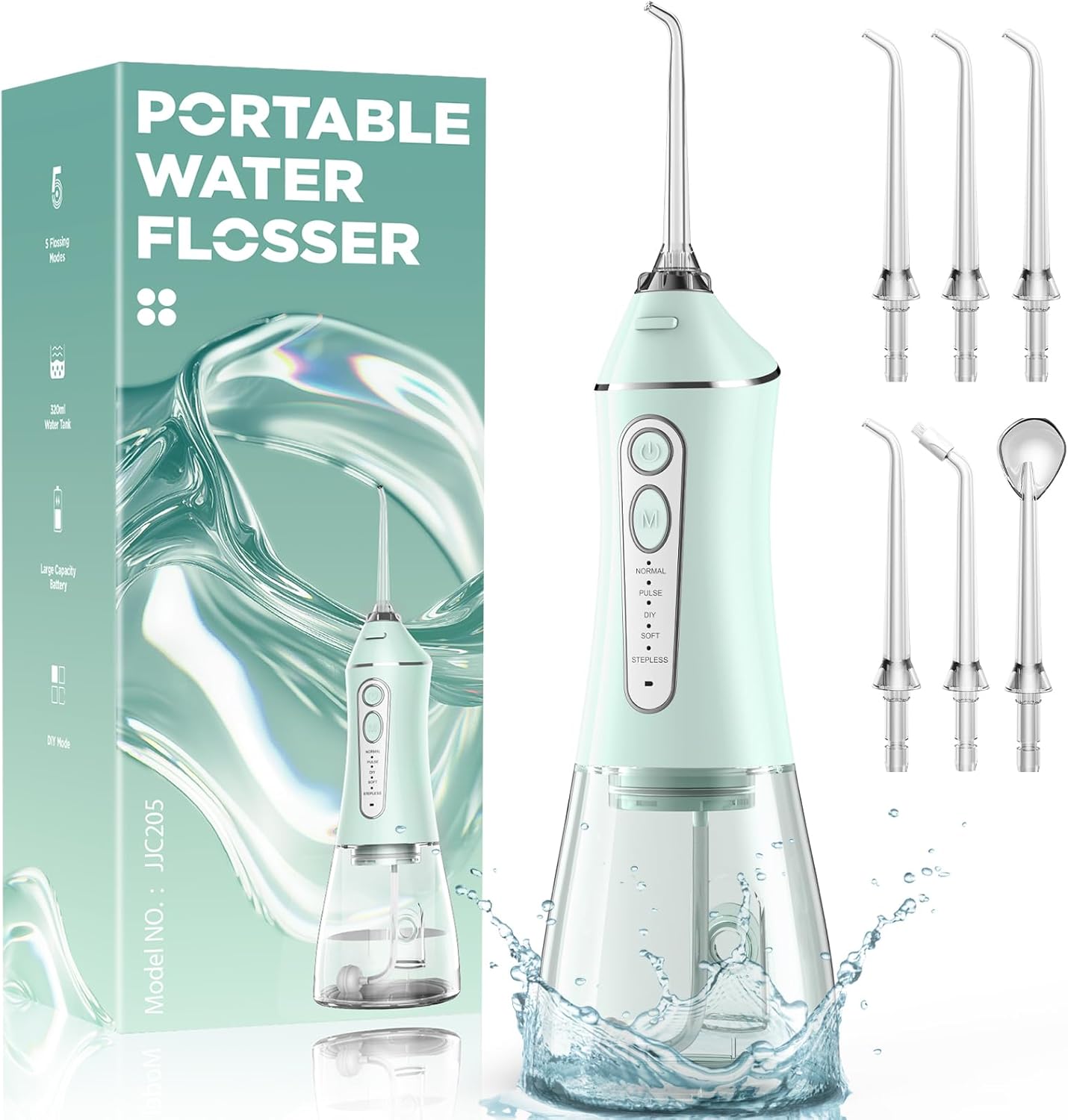 Water Flosser for Teeth Cleaning and Flossing, 5 Modes Rechargeable Cordless Oral Irrigator 320ml Water Tank Teeth Cleaner, IPX7 Waterproof Portable Electric Dentel Flossers for Home and Travel,Green