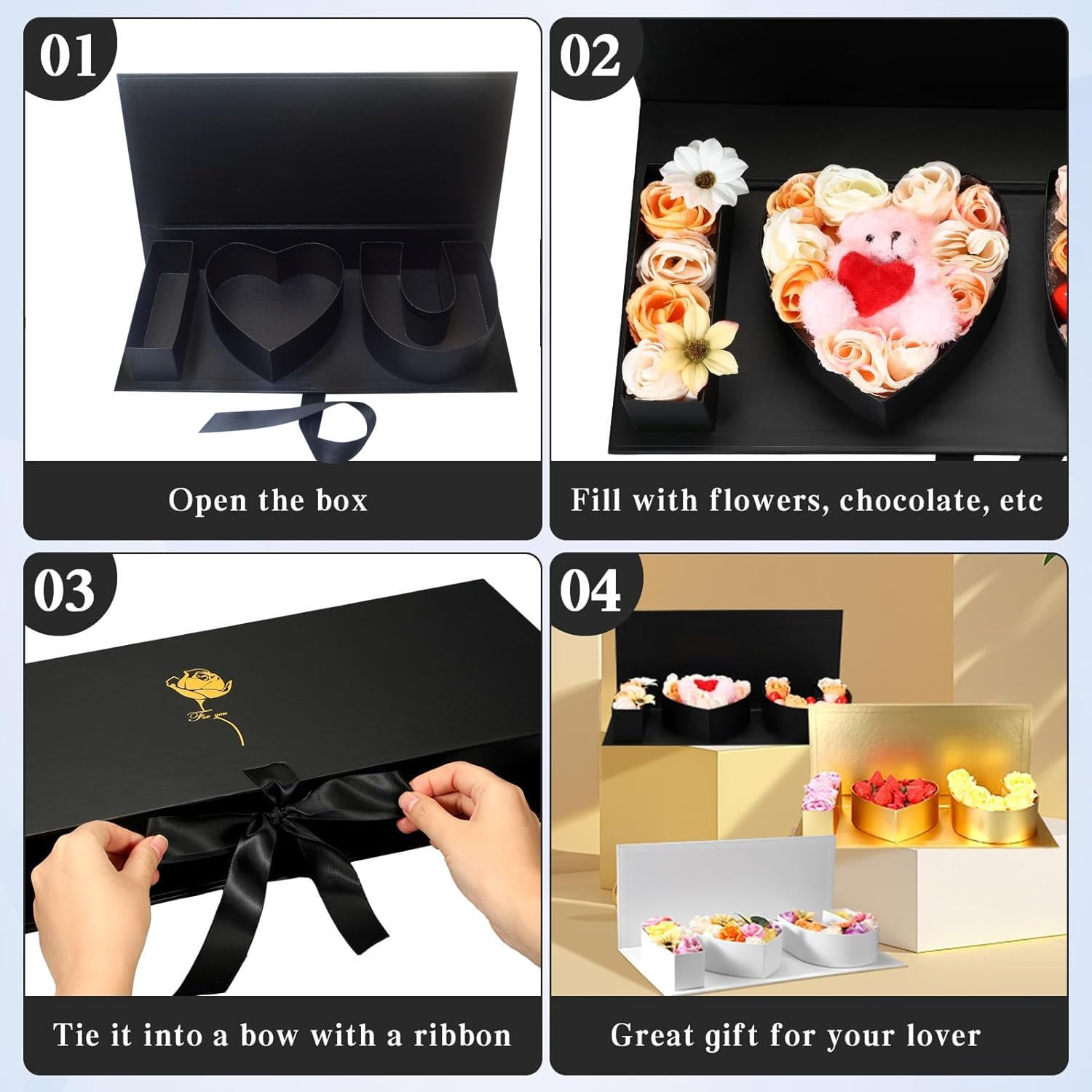 Scatola regalo con fiori di San Valentino: "i Heart U" grandi scatole per fiori con nastro per Natale, festa di nozze, bomboniere d'amore per la mamma, regalo per addio al nubilato, confezione di