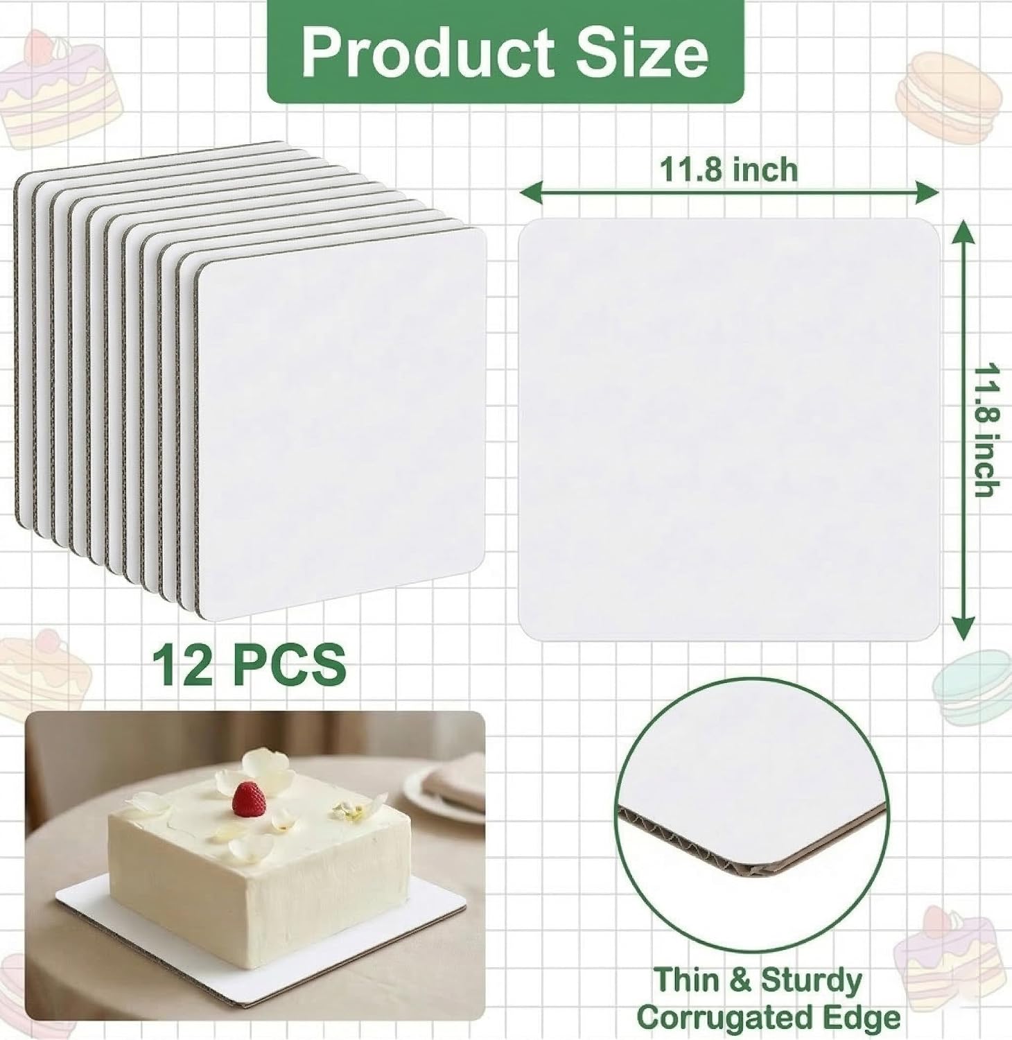 12PCS Square Cake Boards,11.8 x 11.8 Inch White Greaseproof Cardboard, Disposable Half Sheet Cake Board Trays for Sheet Cakes, Pastries, Bakery and Catering