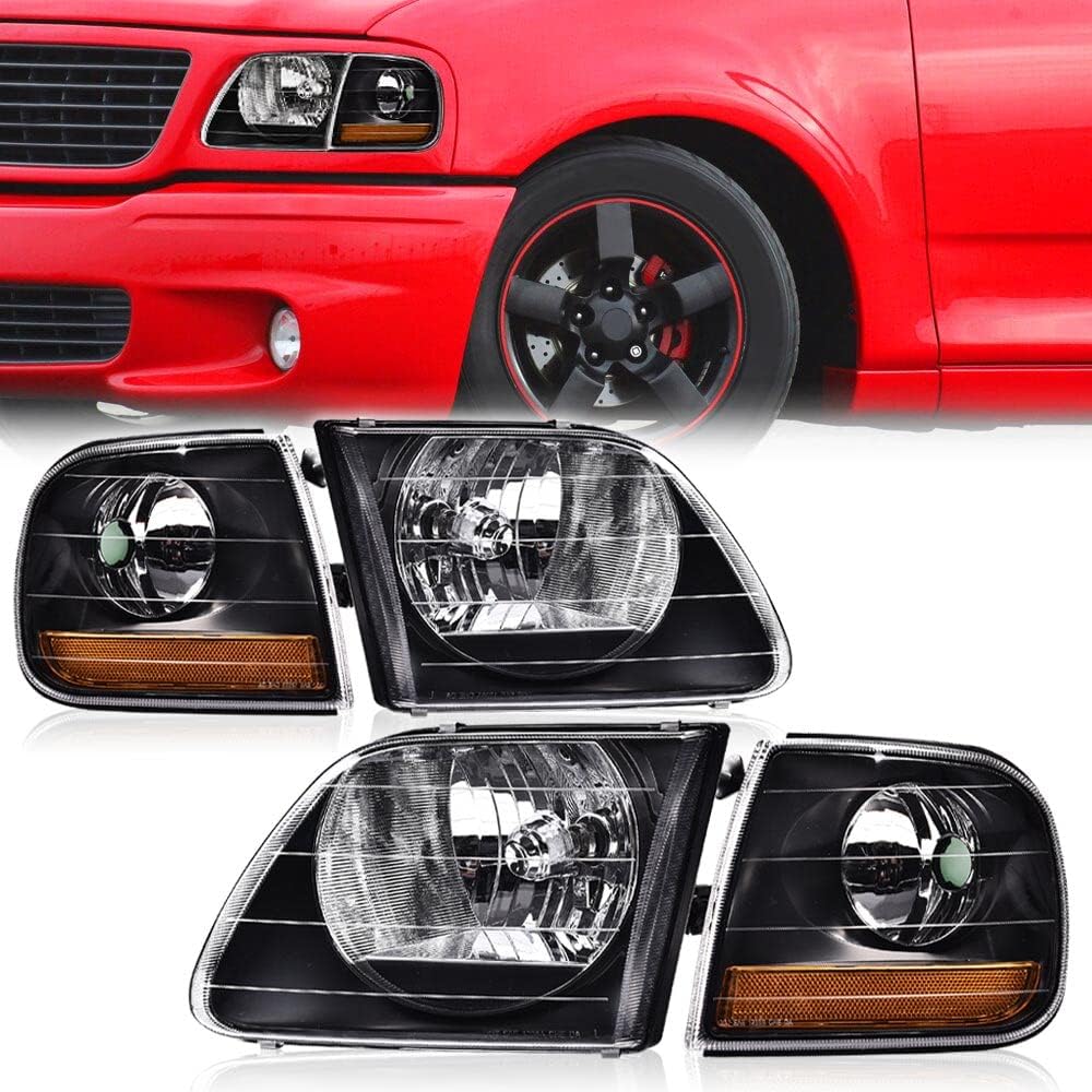 DOTCOM Headlights Assembly Compatible with Ford F150 1997-2004, Fit F250 1997-1999, Fit Expedition 1997-2002 Headlamps w/Corner Lamps,FO2502182 FO2503182 Clear lens Black Housing Amber Reflector