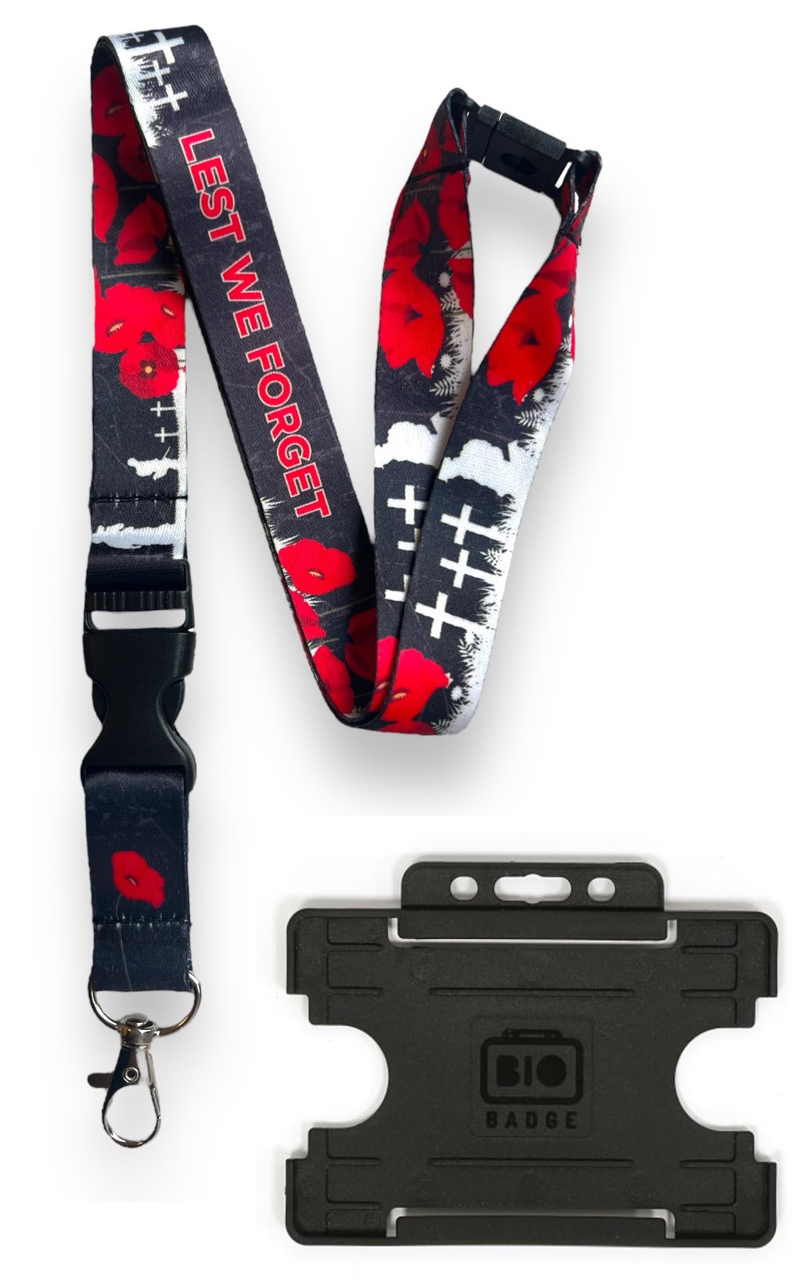 Lest We Forget - Poppy Memorial Lanyard with Safety Breakaway & Double Black Badge Holder