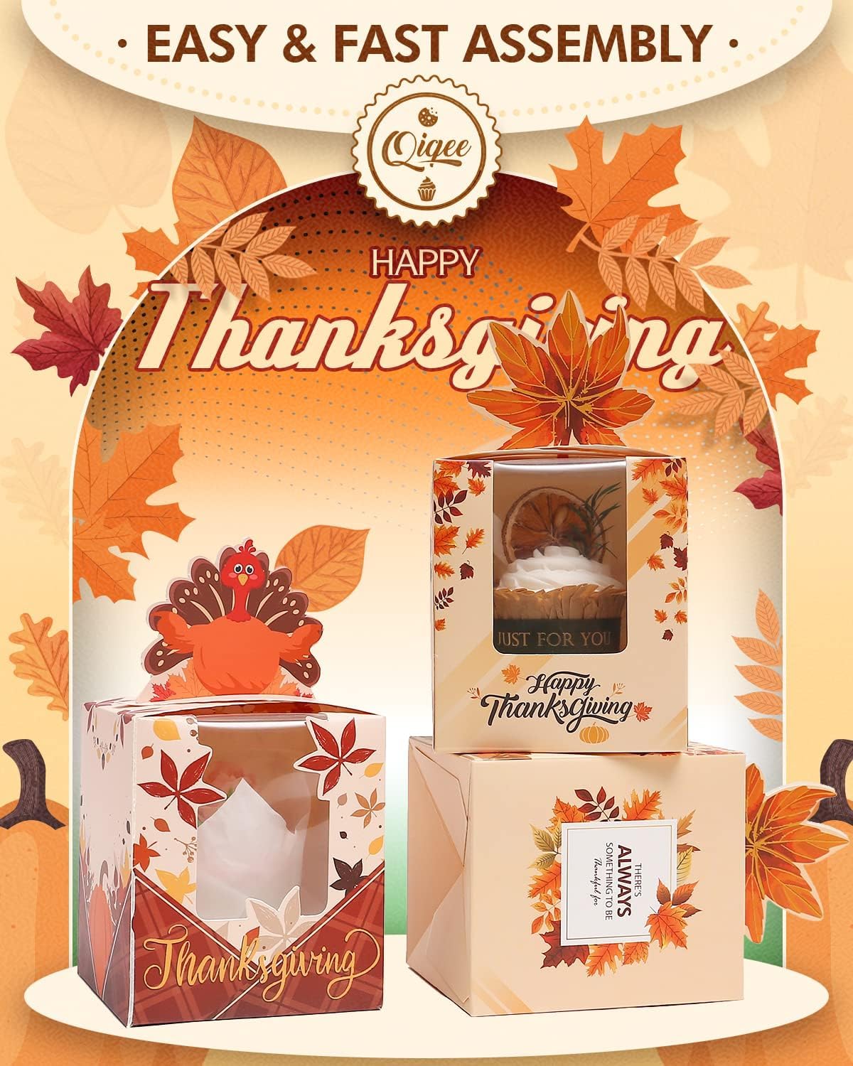 qiqee Thanksgiving Individual Cupcake Boxes Cupcake Holders Disposable 60pcs Single Cupcake Boxes with Window 3.7"x3.7"x4.5" Cupcake Containers For Thanksgiving image 2