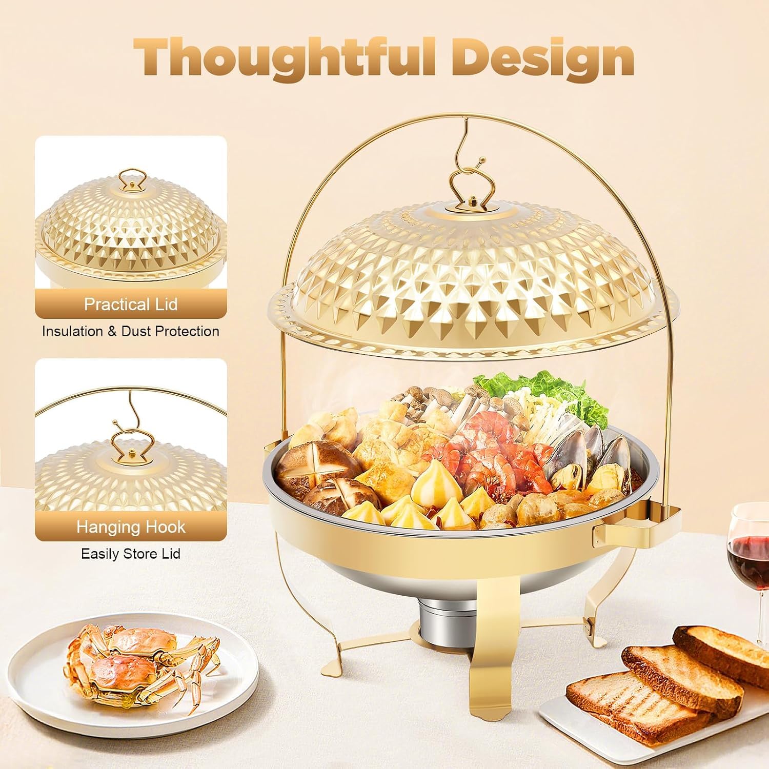 Juego de Calentador de Alimentos Redondo de Acero Inoxidable con Tapa, Estructura de trípode y Soporte para Combustible para Catering, Fiestas y Bodas. (D,8L/8.5Qt)