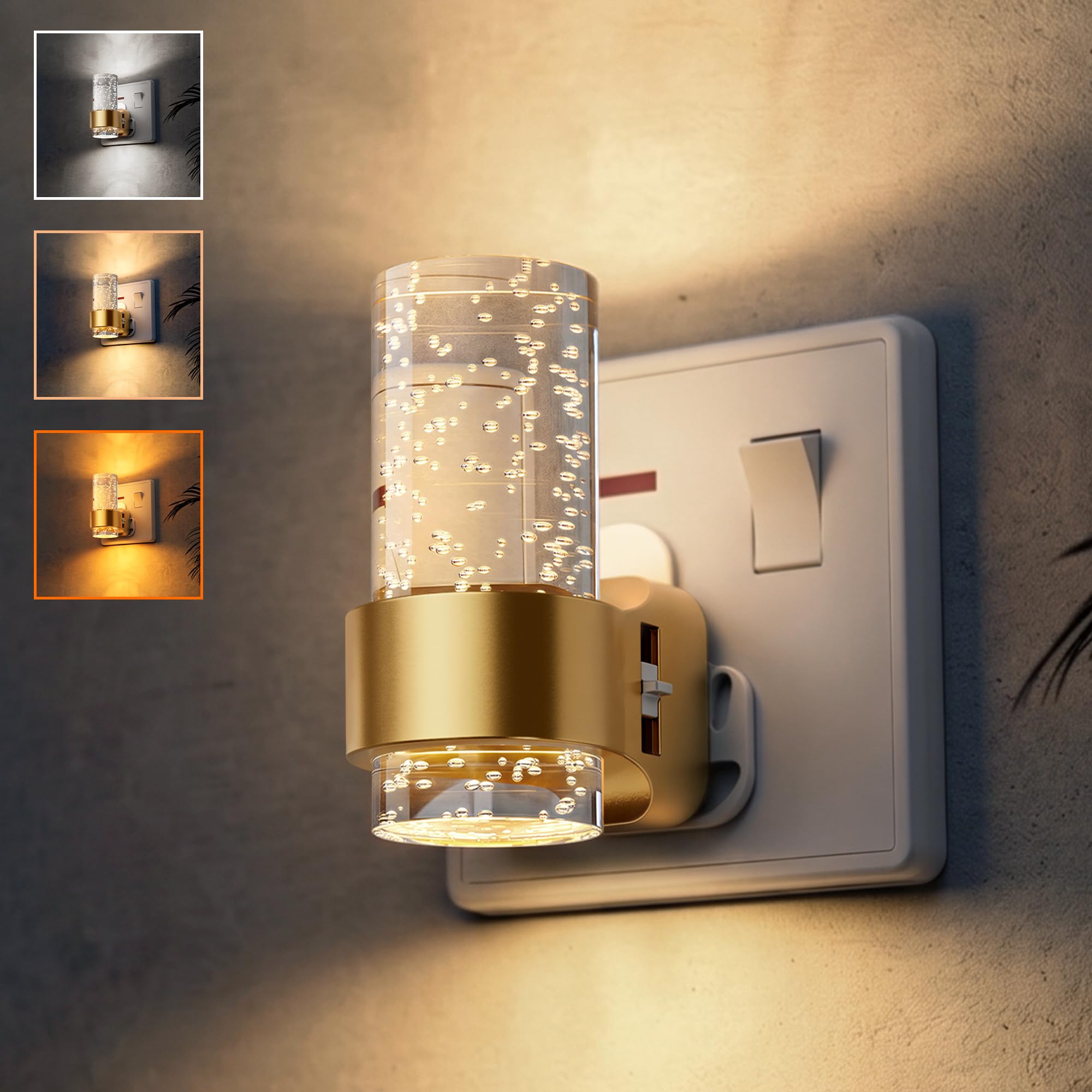 LOHAS-LED Night Light Plug in Wall, 1W Dimmable LED Nightlight with 3CCT Amber/3000K/5000K, Bubble Acrylic Up & Down Glow, Plug in Night Light for Hallway Stairs Bedroom 1Pack