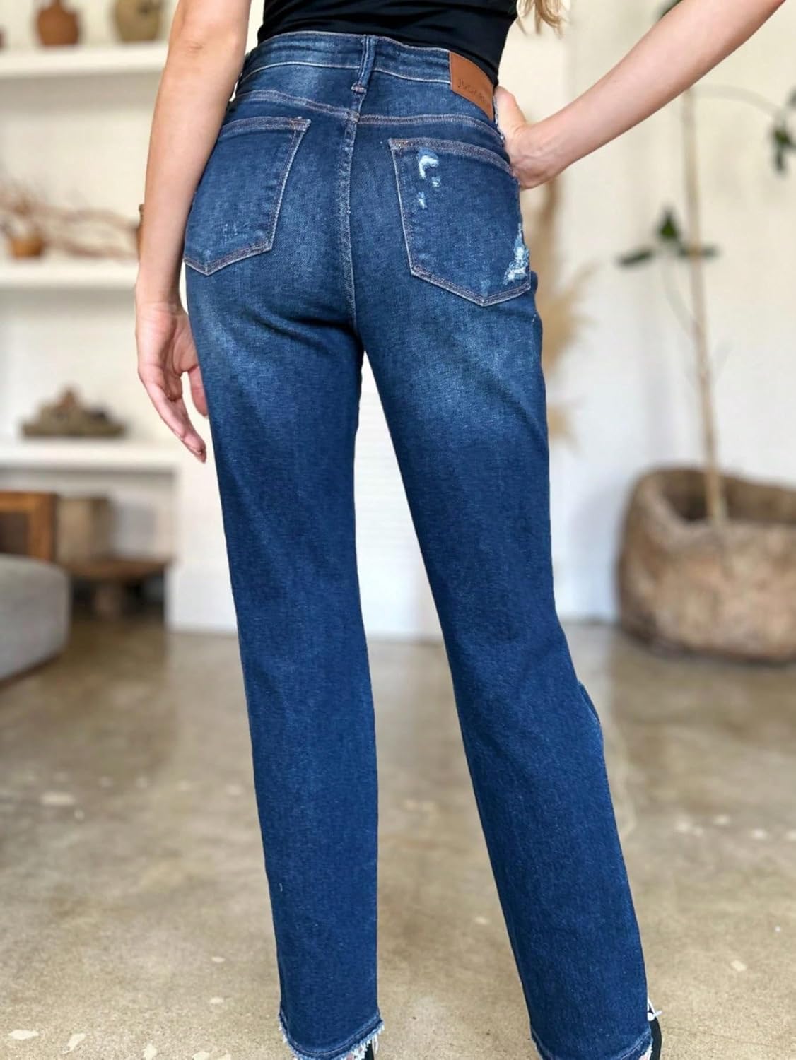 Judy-B Women's Casual Jeans High-Waisted Rigid Magic Heavy Destroy Straight Denim Pants Dark Blue with Ripped Details - Image 6