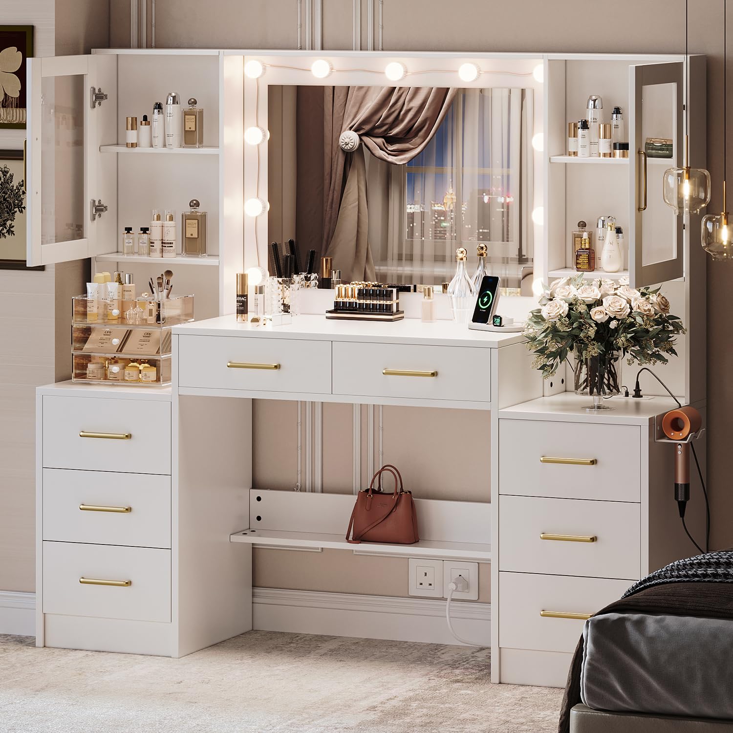 TOKSOM 58.3”Vanity Desk with Mirror and Charging Station, Bedroom Dressing Table, Large Vanity Set, 8 Drawers and 2 Cabinets, Makeup Vanity Table with