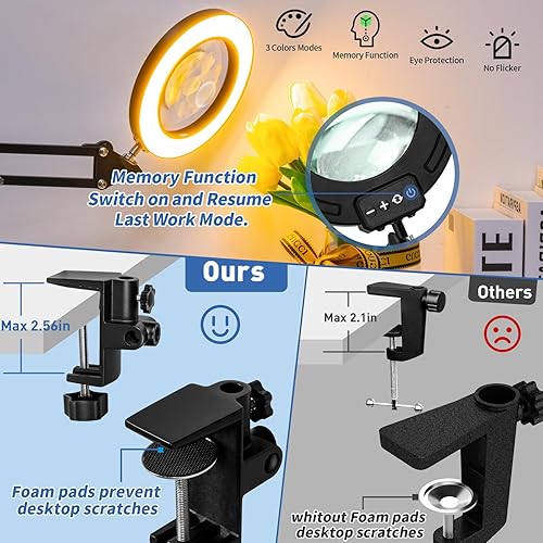 Miniatura 5 de HITTI Ultra Larga Lupa de 12X & 30X con Luz y Abrazadera, Lámpara de Escritorio con 5 Modos de Color y Atenuación Sin Escalas, Lámpara de Brazo
