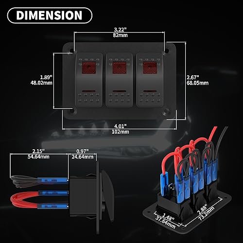 Miniatura 2 de DaierTek Panel de interruptor basculante de 3 bandas, 12 V, impermeable, luz LED roja, 5 pines, interruptor de palanca basculante de