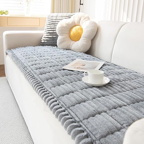 Miniatura 2 de Funda de sofá de felpa lavable, acogedora y suave, funda de sofá de piel sintética, antideslizante, mullida para bebés y mascotas (gris claro28 x 82
