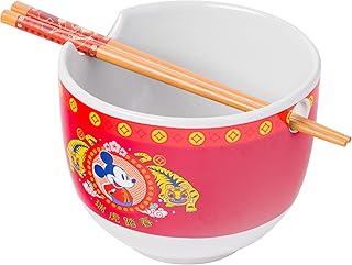 Disney Mickey Mouse Lunar Chinese New Year Tiger Ceramic Ramen Noodle Rice Bowl with Chopsticks, Microwave Safe, 20 Ounces