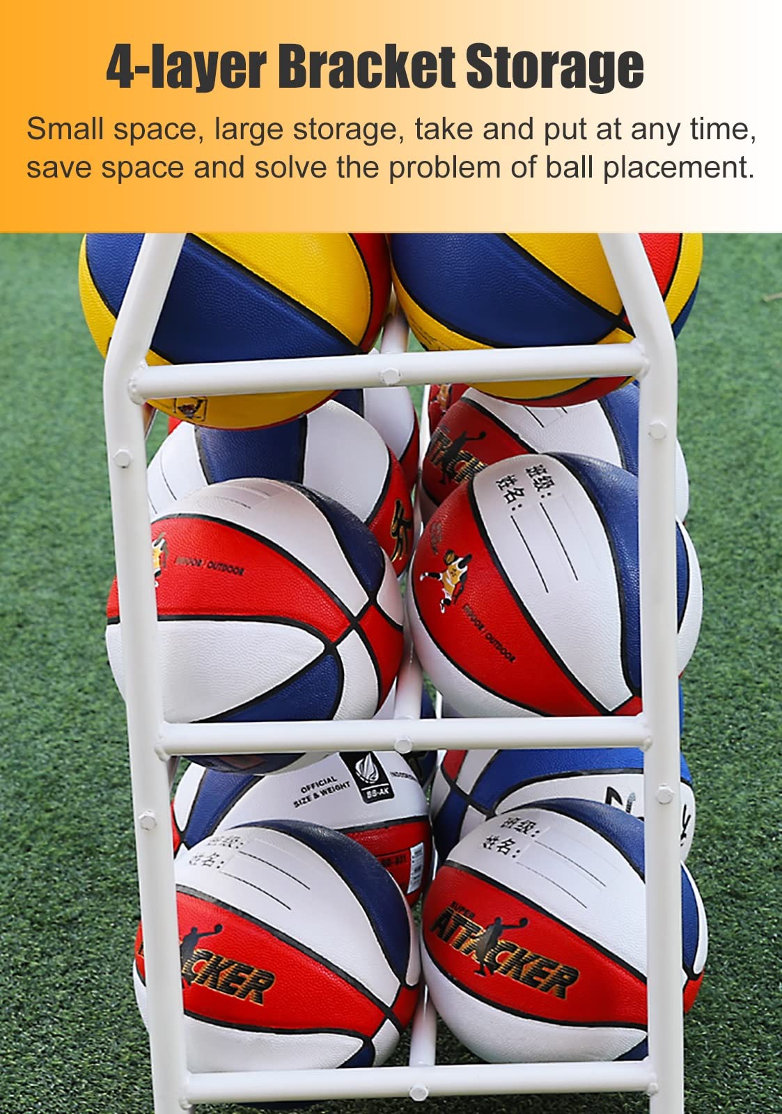 FAXIOAWA Dubbelzijdige 4-laags basketbalopslagrekken Stand, Indoor Outdoor Vertical Rolling Sports Ball Storage Cart op vergrendelbare wielen, capaciteit Meer Dan 35 ballen (kleur: Wit, maat: M)