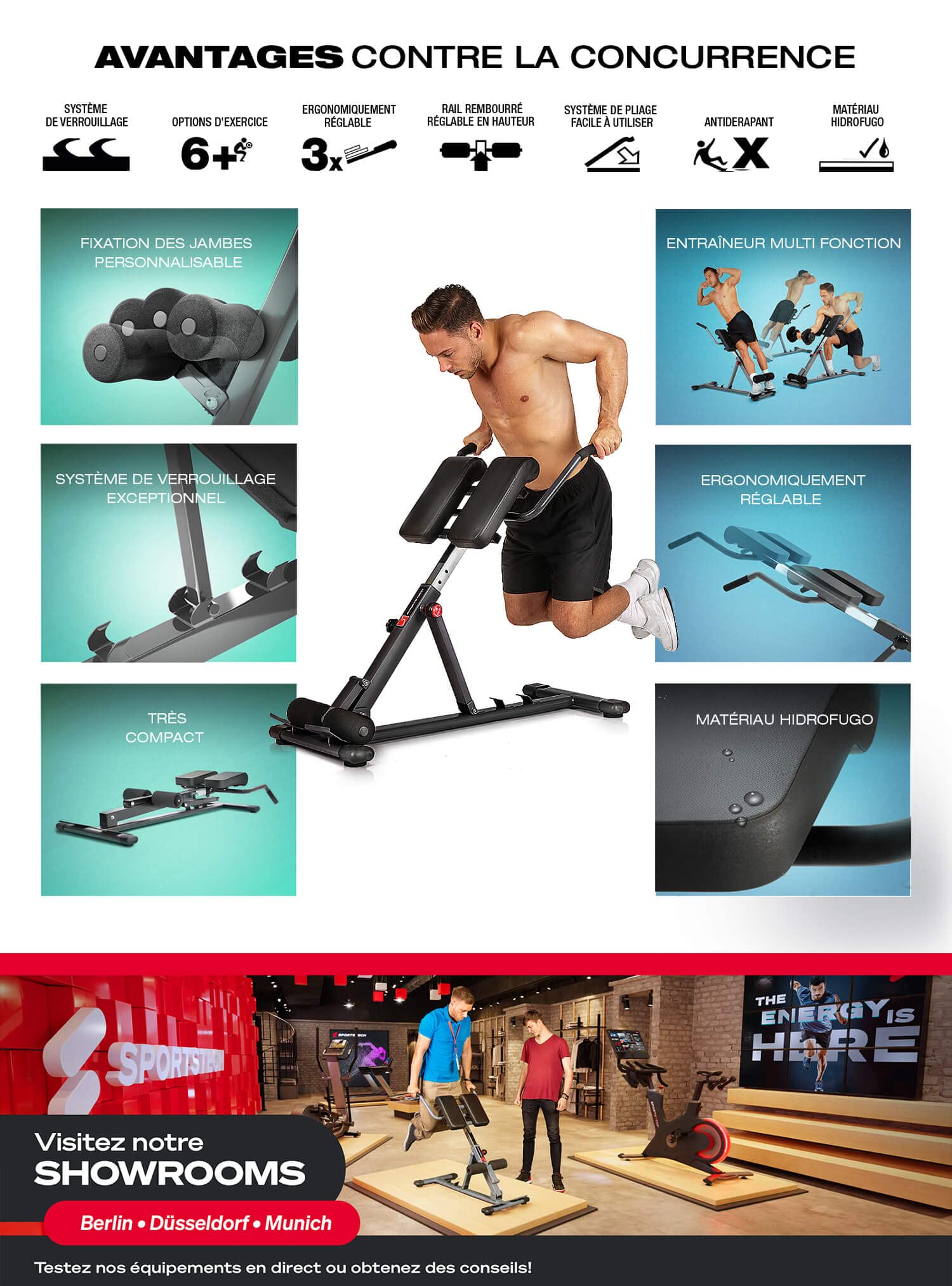 Sportstech BRT150 Entrenador de espalda y abdomen 6 en 1; ergonómico y ajustable; sistema único de bloqueo y fácil de plegar, diseño antideslizante, banco de pesas + fijación de piernas adaptable