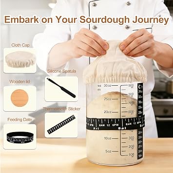 PFUM Sourdough Starter Jar Kit- 34oz Sourdough Starter Jar with Marked Feeding Band, Thermometer, Cloth Cover & Wooden Lid for Sourdough Baking Supplies, Glass Container Wide Mouth Glass Jar
