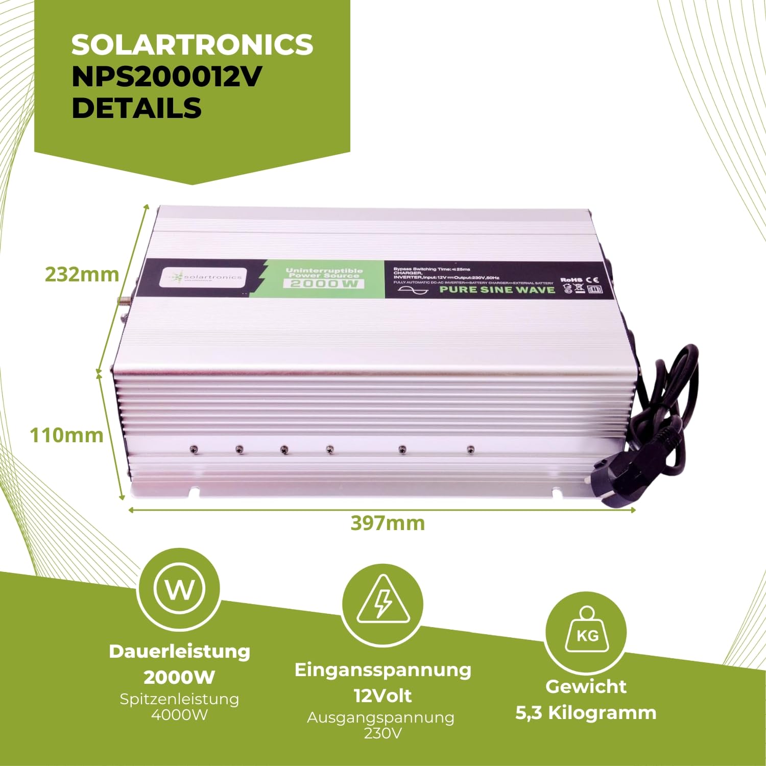 Przetwornica napięcia USV 230 V 12 V NPS 2000 W z przełącznikiem DIP czysty sinus UPS Inverter