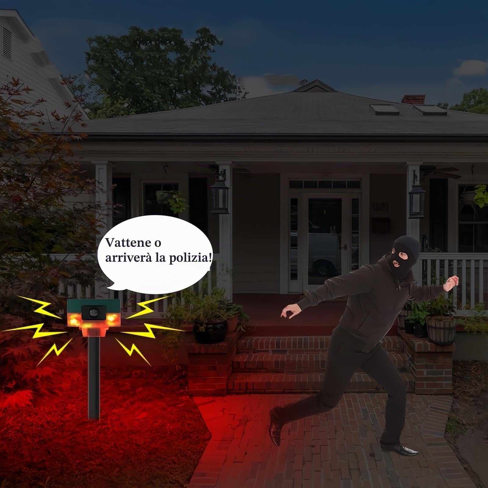 sensore movimento solare allarme repellente 360°Rilevatore di movimento forte sirena LED luce lampeggiante IP55 impermeabile con telecomando registrazione per fattoria casa fienile cortile