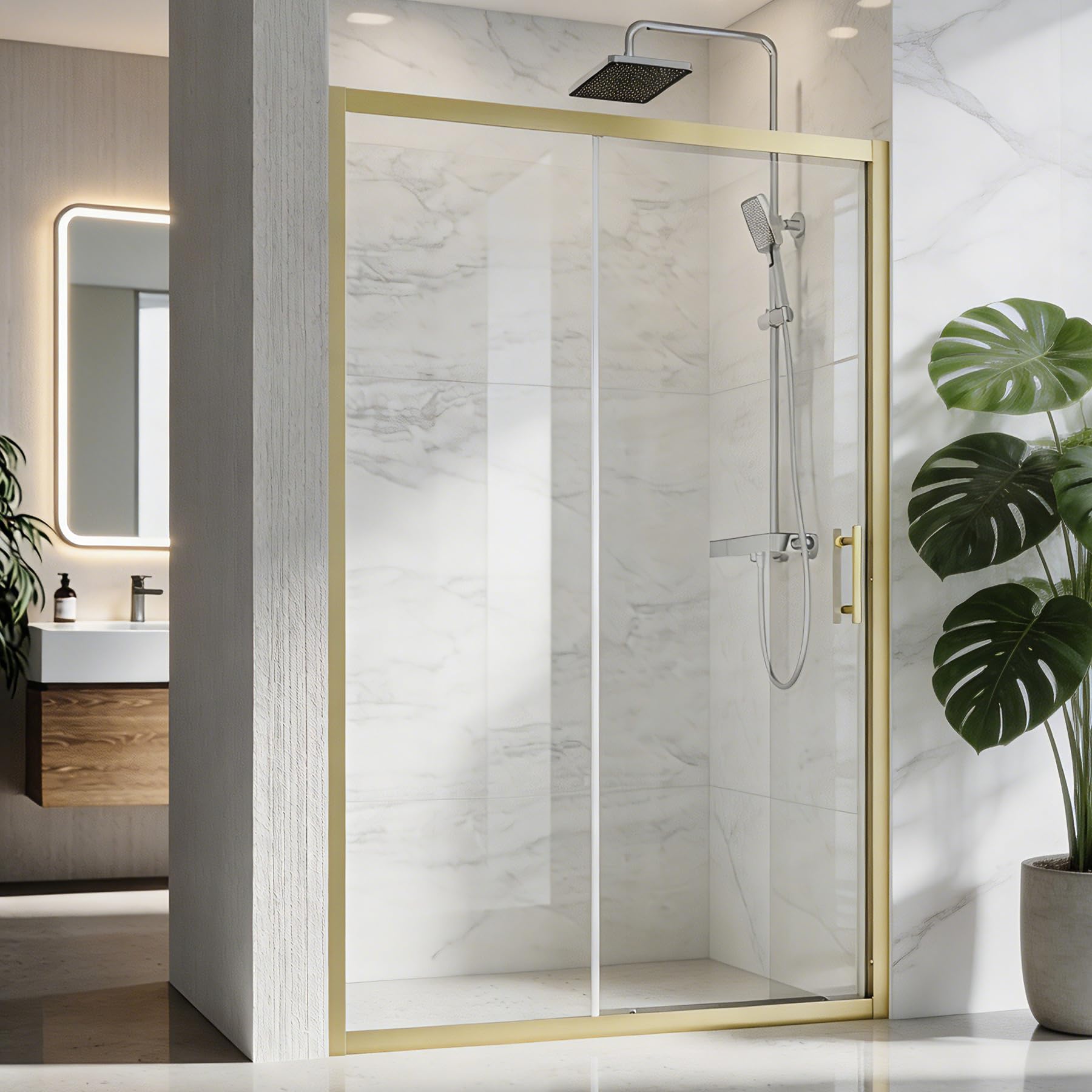 Porta scorrevole 110 x 185 cm, porta doccia in vetro di sicurezza da 5 mm, vetro trasparente (ESG) doccia con manico a forma di H, porta doccia per piccoli bagni