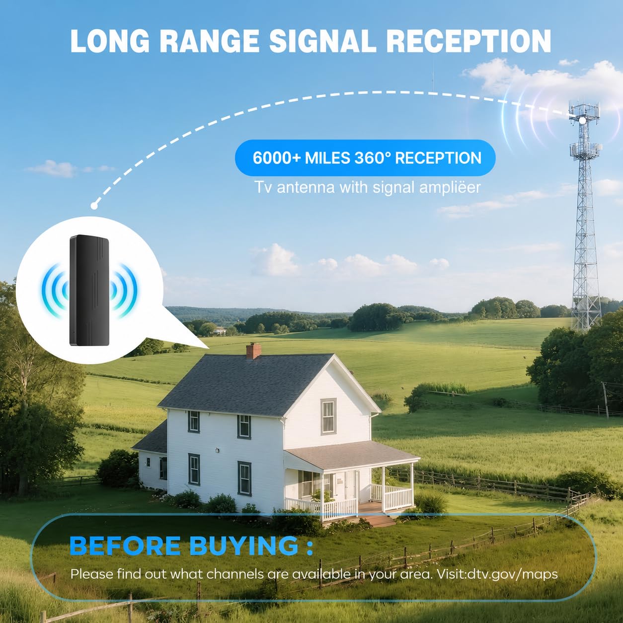 Antena de TV mejorada para interiores y exteriores, más de 6000 millas de largo alcance, antena de TV digital HD para canales locales con amplificador de señal amplificado, soporta 8K 4K 1080p