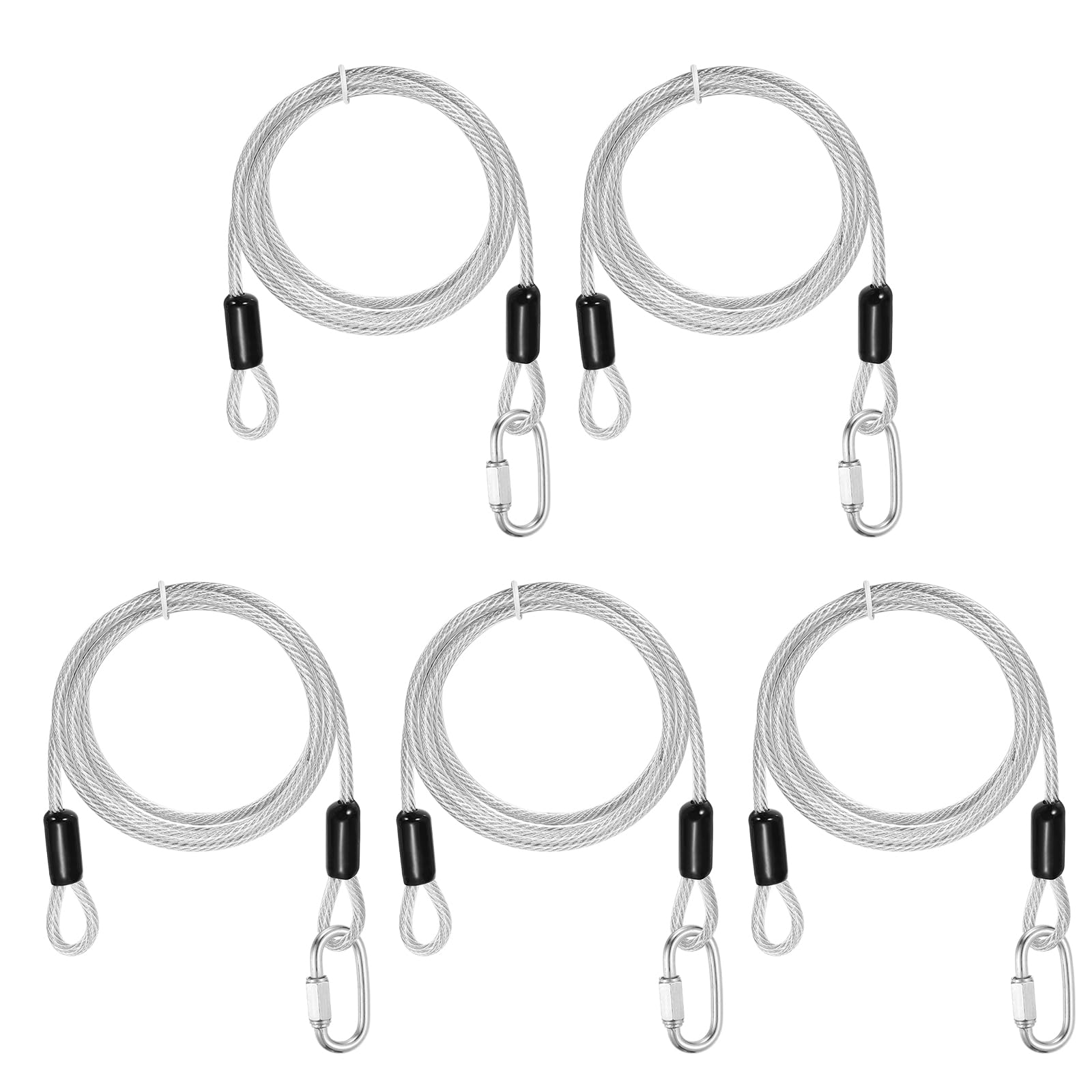 PATIKIL Security Cable Lock (5mm x 1.5m, 4.9ft, Clear)(5 Set) Vinyl Coated 304 Stainless Steel Double Loop Flexible Wire Rope Safety Cable with Quick Links Locking Connectors