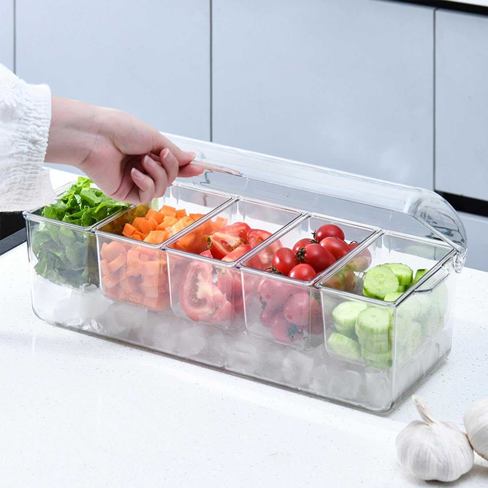 Vassoio refrigerato – Server portatile per condimenti con 5 scomparti, contenitore per alimenti per condimenti freddi, ideale per feste ed eventi