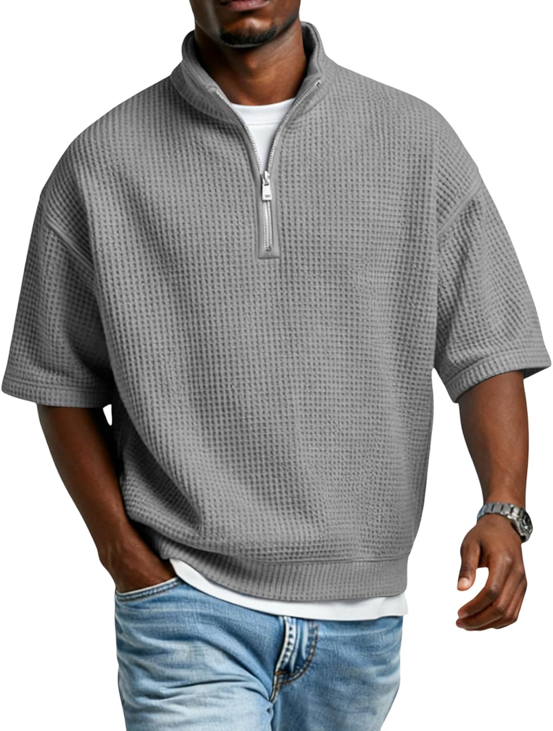 Short Sleeve Waffle Shirts for Men Quarter Zip Pullover Casual Stand Collar Polo Shirt Textured Knit Tops, S-4XL