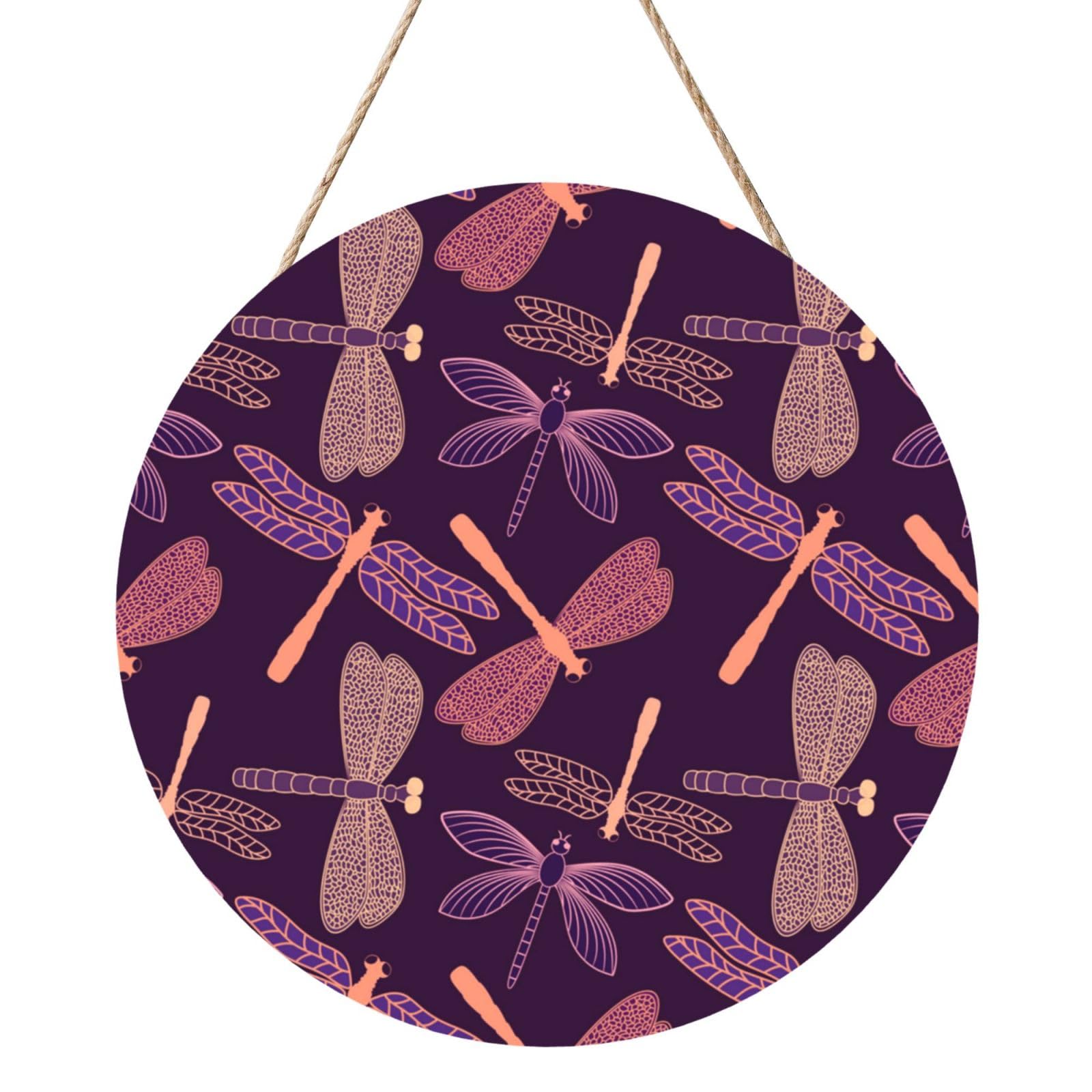 InOmak Purple Dragonfly Printing, Round Wood Panel Painting 12 in, Wall Hanging Painting For Home