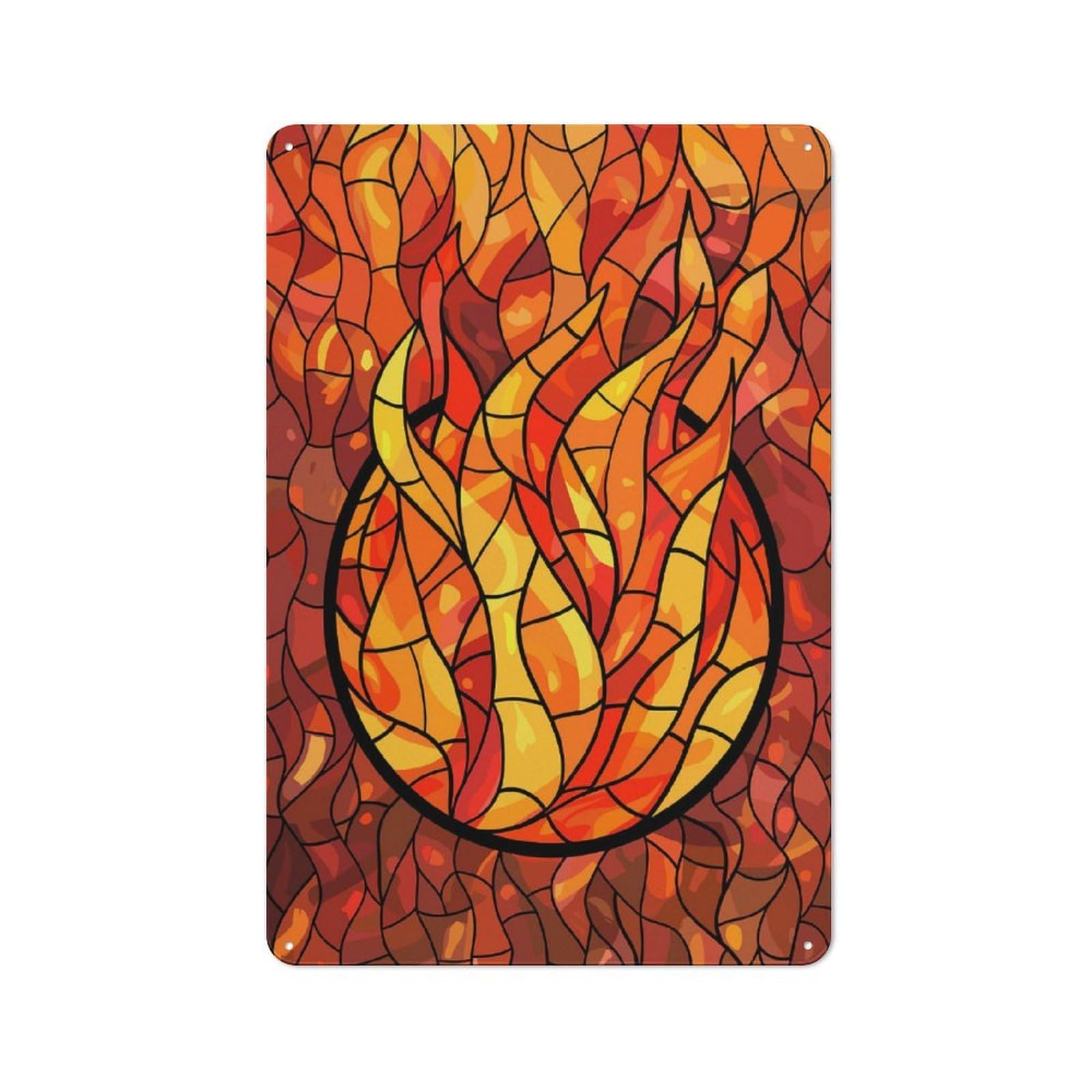 Junmoney Style-12 Tin Wall Plaque 30X20cm With Stained Glass Fire Symbol For Hallway Wall, A Decorative Metal Sign For Hallways And Entrance Areas