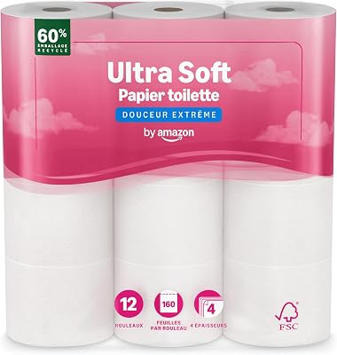 by Amazon Papier Toilette, 4 Épaisseurs Matelassé, Douceur Suprême, 12 Rouleaux (1 Paquet de 12), 160 Feuilles par Rouleau, Certifié FSC