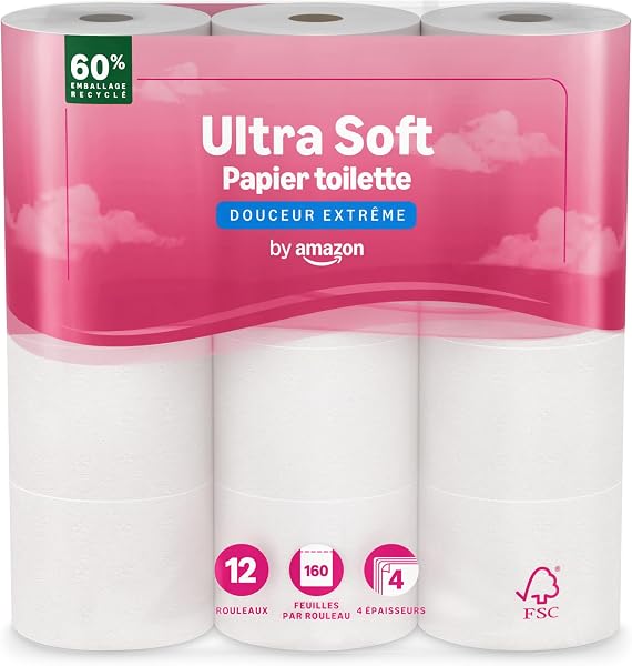 by Amazon Papier Toilette, 4 Épaisseurs Matelassé, Douceur Suprême, 12 Rouleaux (1 Paquet de 12), 160 Feuilles par Rouleau, Certifié FSC