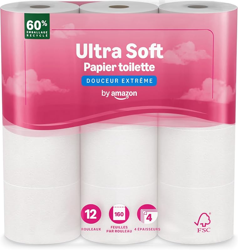 by Amazon Papier Toilette, 4 Épaisseurs Matelassé, Douceur Suprême, 12 Rouleaux (1 Paquet de 12), 160 Feuilles par Rouleau, Certifié FSC