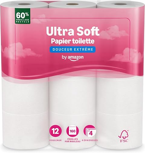 by Amazon Papier Toilette, 4 Épaisseurs Matelassé, Douceur Suprême, 12 Rouleaux (1 Paquet de 12), 160 Feuilles par Rouleau, Certifié FSC