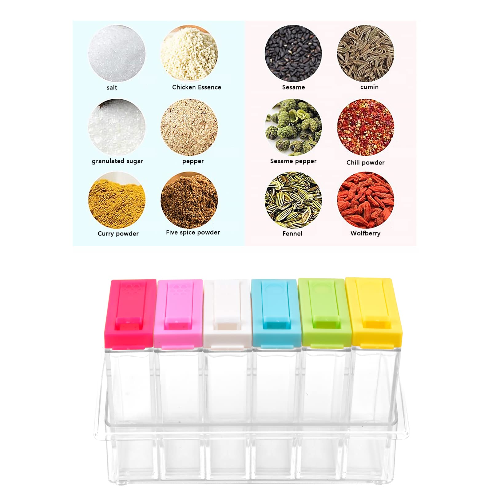 Lot de 6 Boîtes Épices Plastique, Boîte d'assaisonnement Transparent avec Plateau, Ensemble de Pots à épices de camping pour Rangement de Condiments, sel, Sucre et Poivre (coloré)