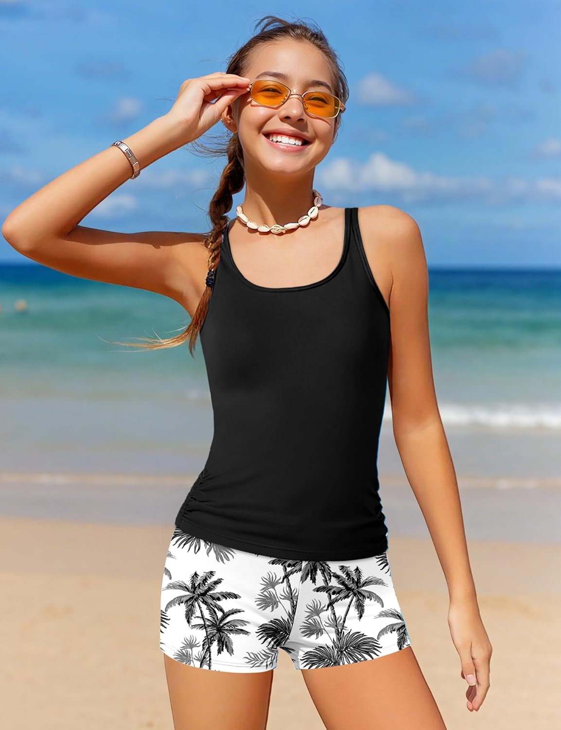 Girls Swimsuit Two Piece Girls Tankini Swimsuit with Tropical Printed Shorts Adjustable Bathing Suit Swimwear 7-18T - Image 2