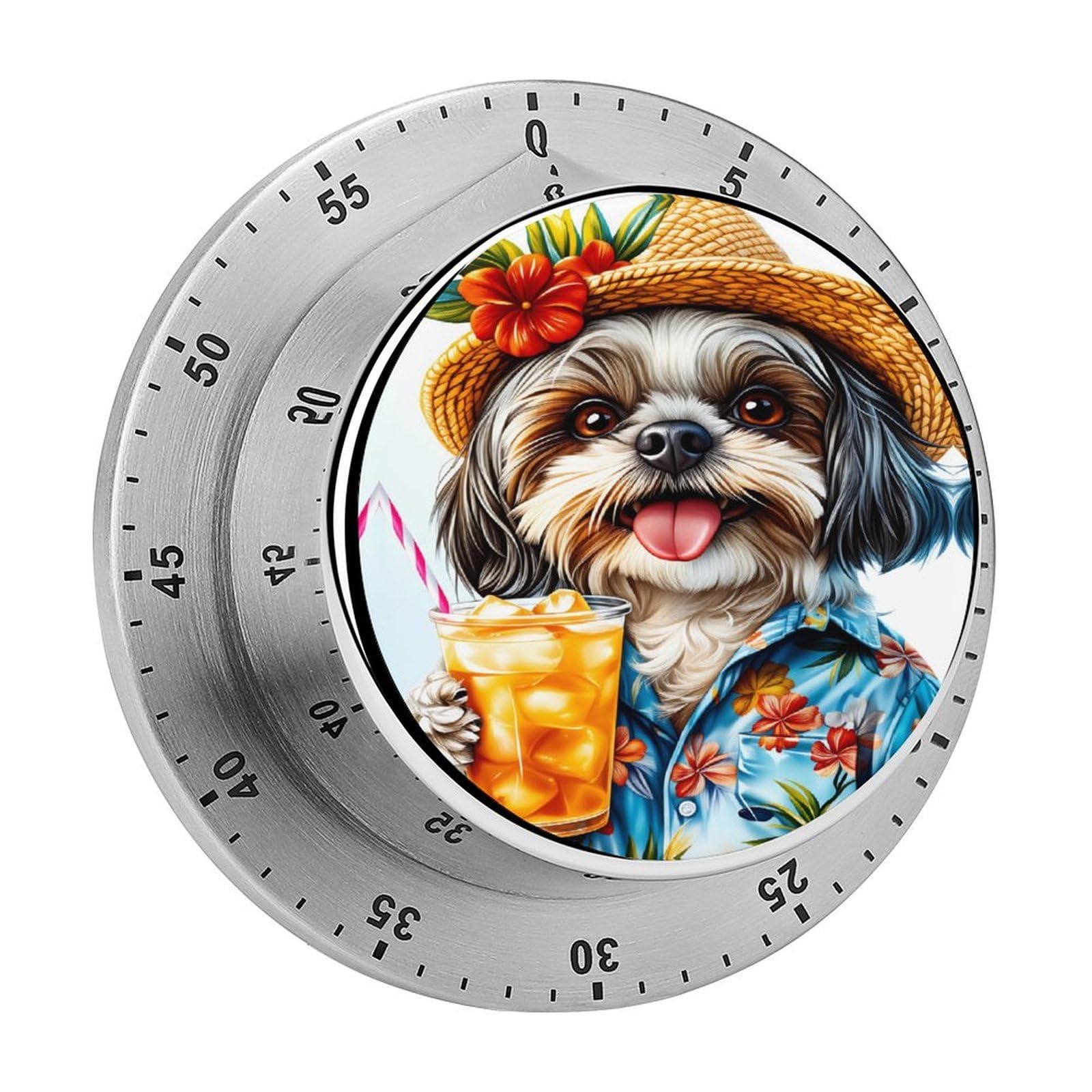 Shih Tzu Dog Summer Beach Drink 60 Minute Wind Up Timer,Visual Mechanical Magnetic Timer with Loud Alarm for Kitchen
