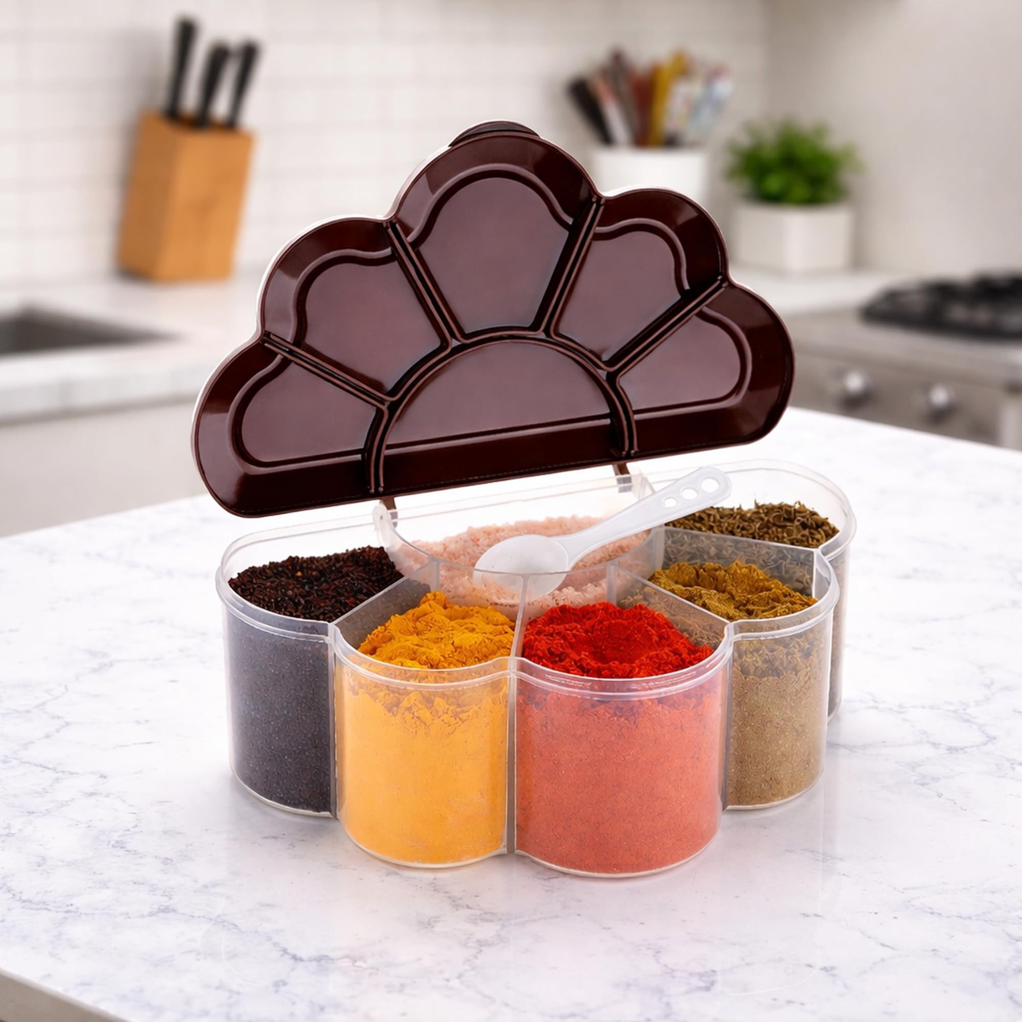 HomeWiz 6 Section Masala Box Cloud Shape 1600ml | BPA-Free Large Airtight Masala Dabba | Food Grade Transparent Spice Container For Kitchen | Masala Container Set | For Spices & Dry Fruits