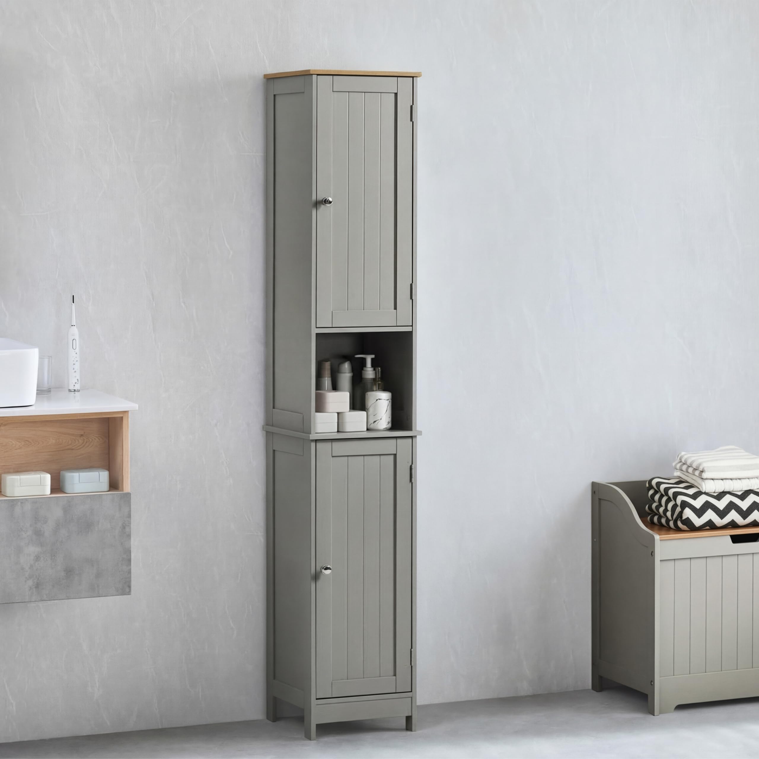 Bath Vida Priano Armoire de Salle de Bain Armoire de Rangement sur Pied en Bois Gris